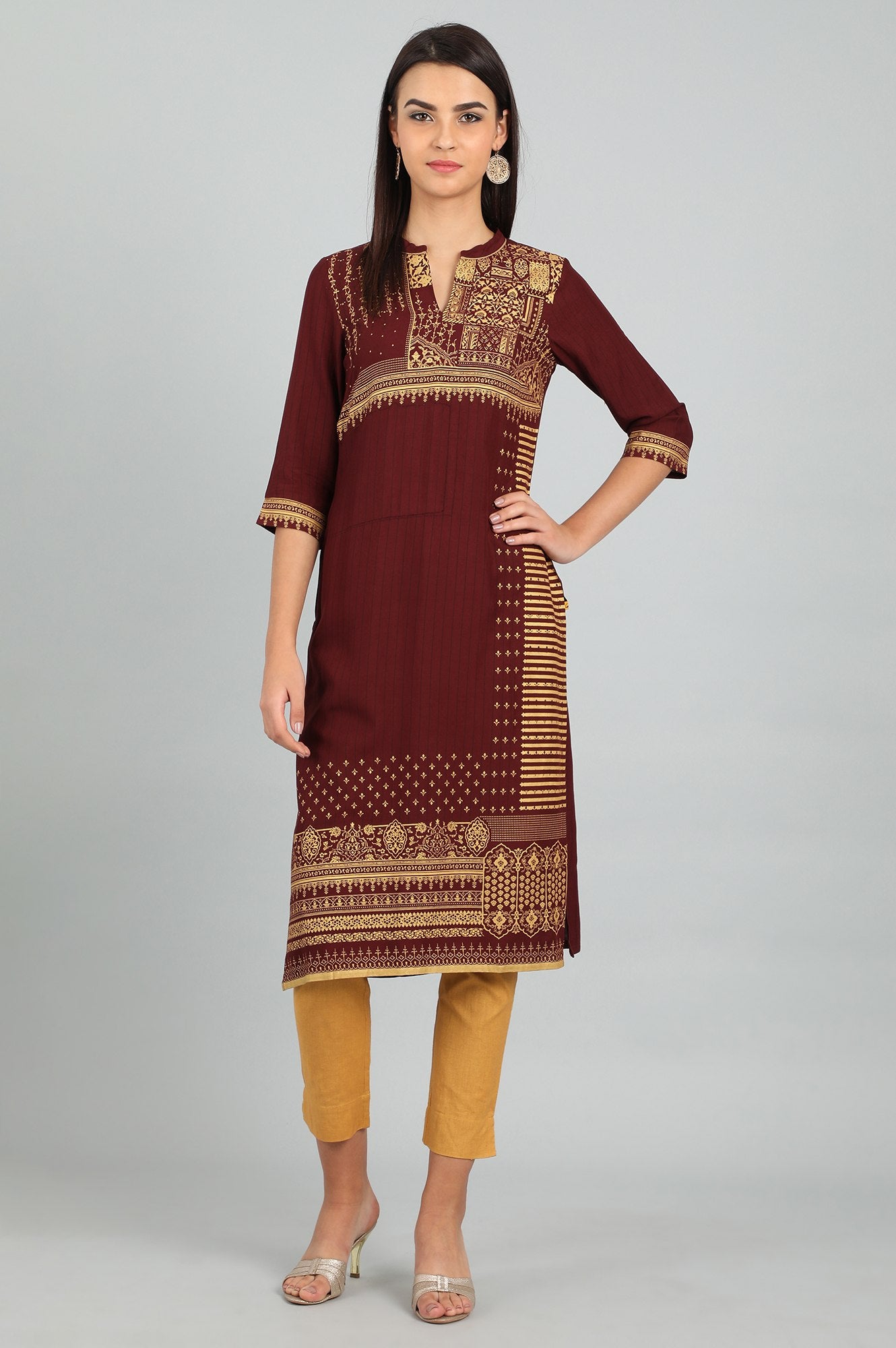 Maroon Mandarin Neck Printed kurta