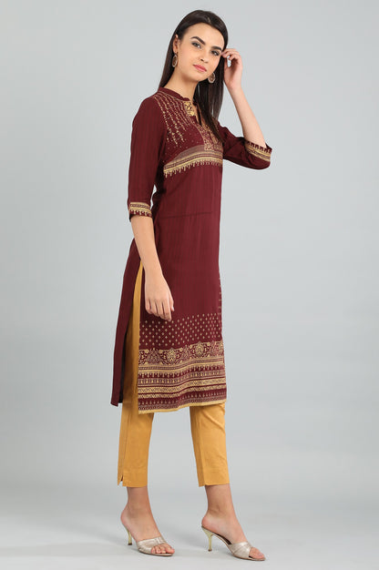 Maroon Mandarin Neck Printed kurta