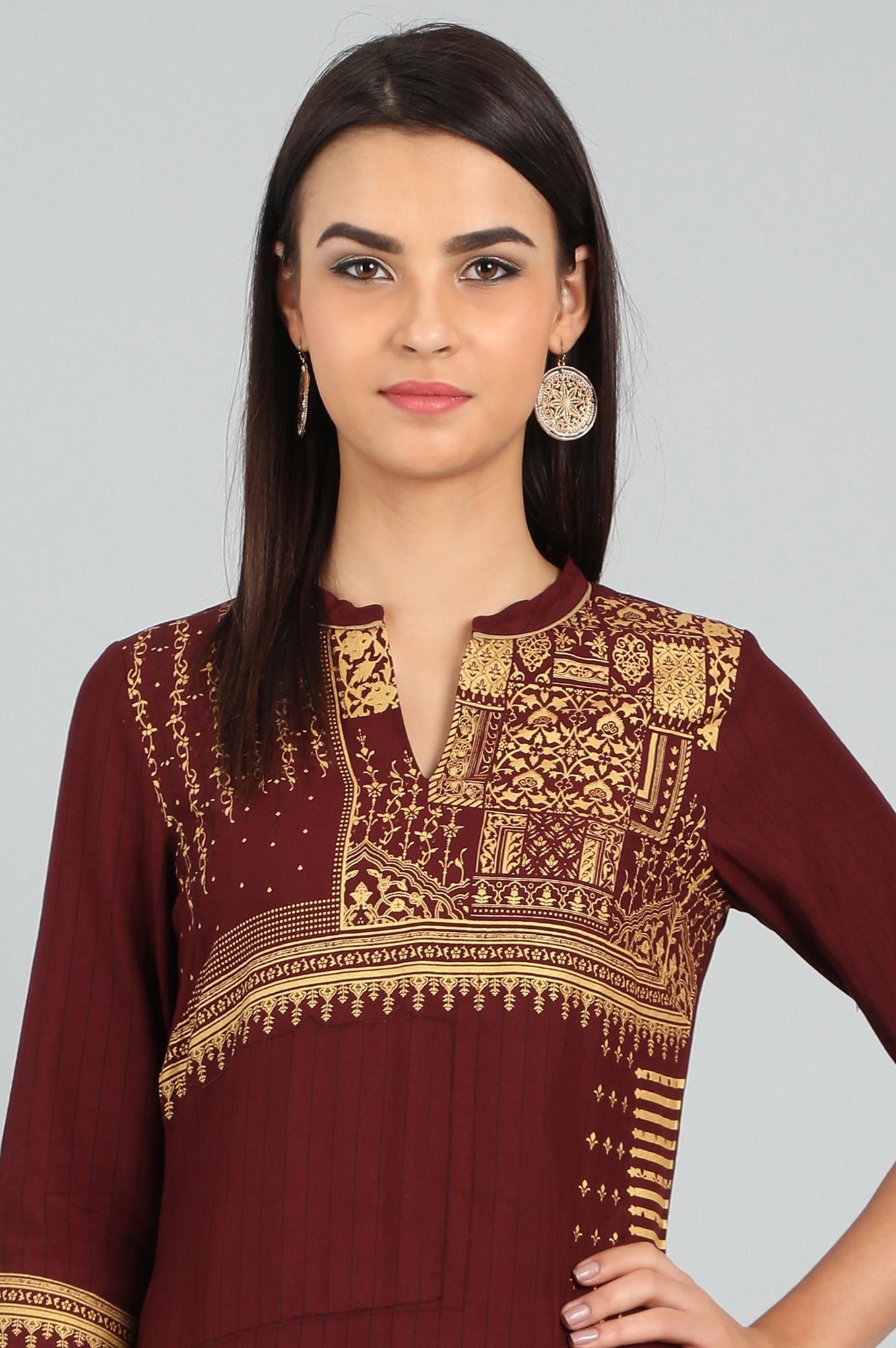 Maroon Mandarin Neck Printed kurta