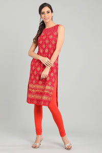 Red Round Neck Printed kurta