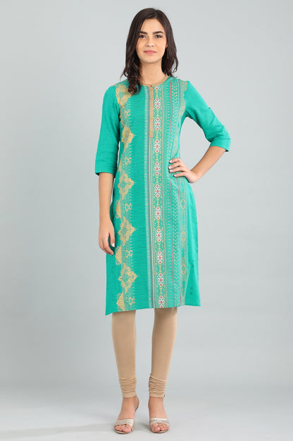 Green Band Collar Printed kurta