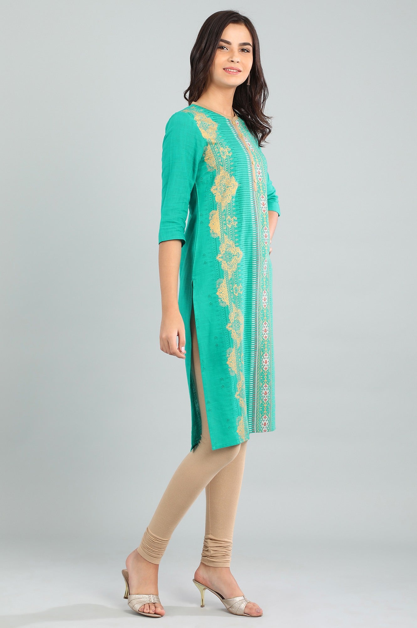 Green Band Collar Printed kurta