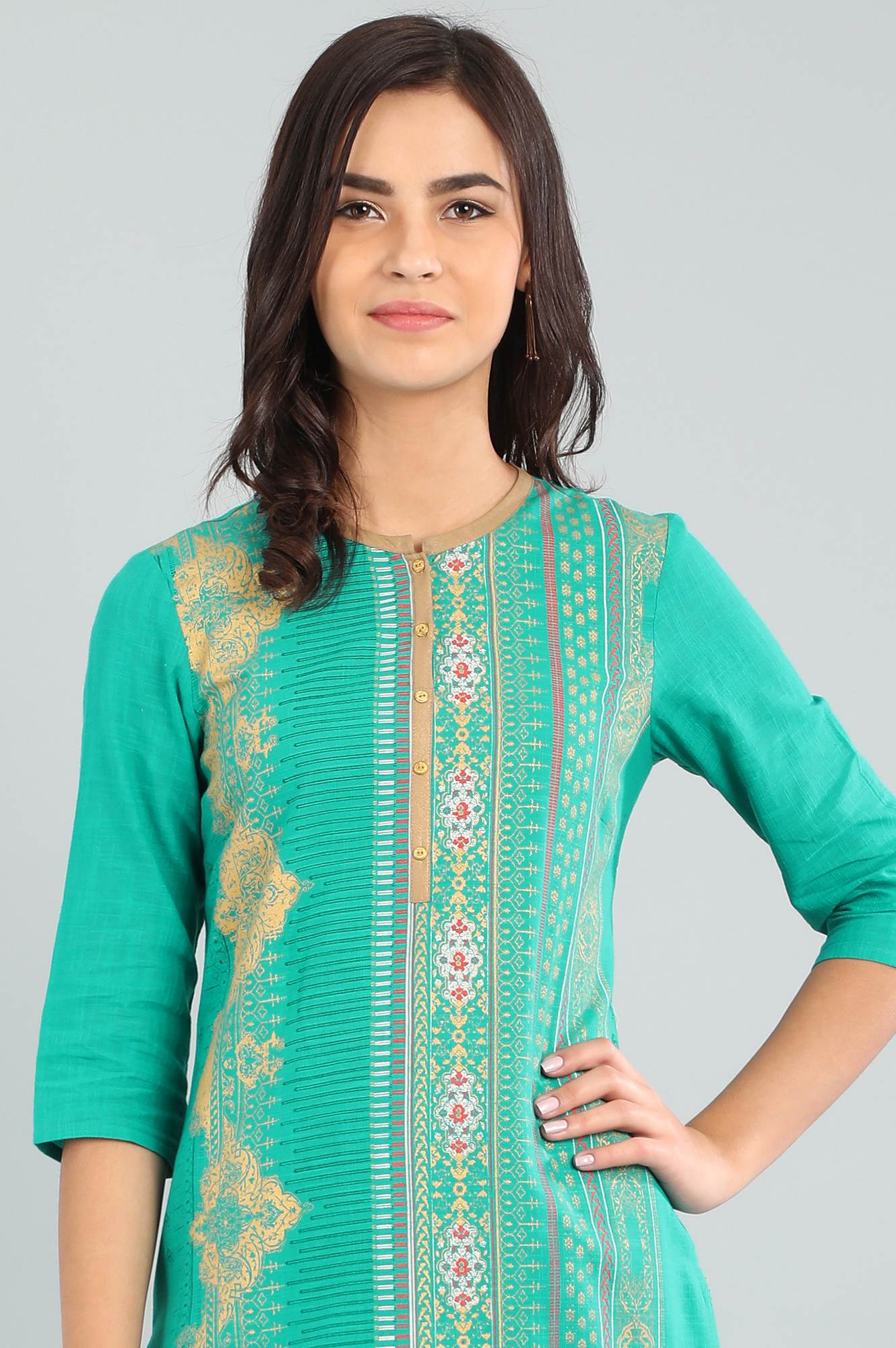 Green Band Collar Printed kurta