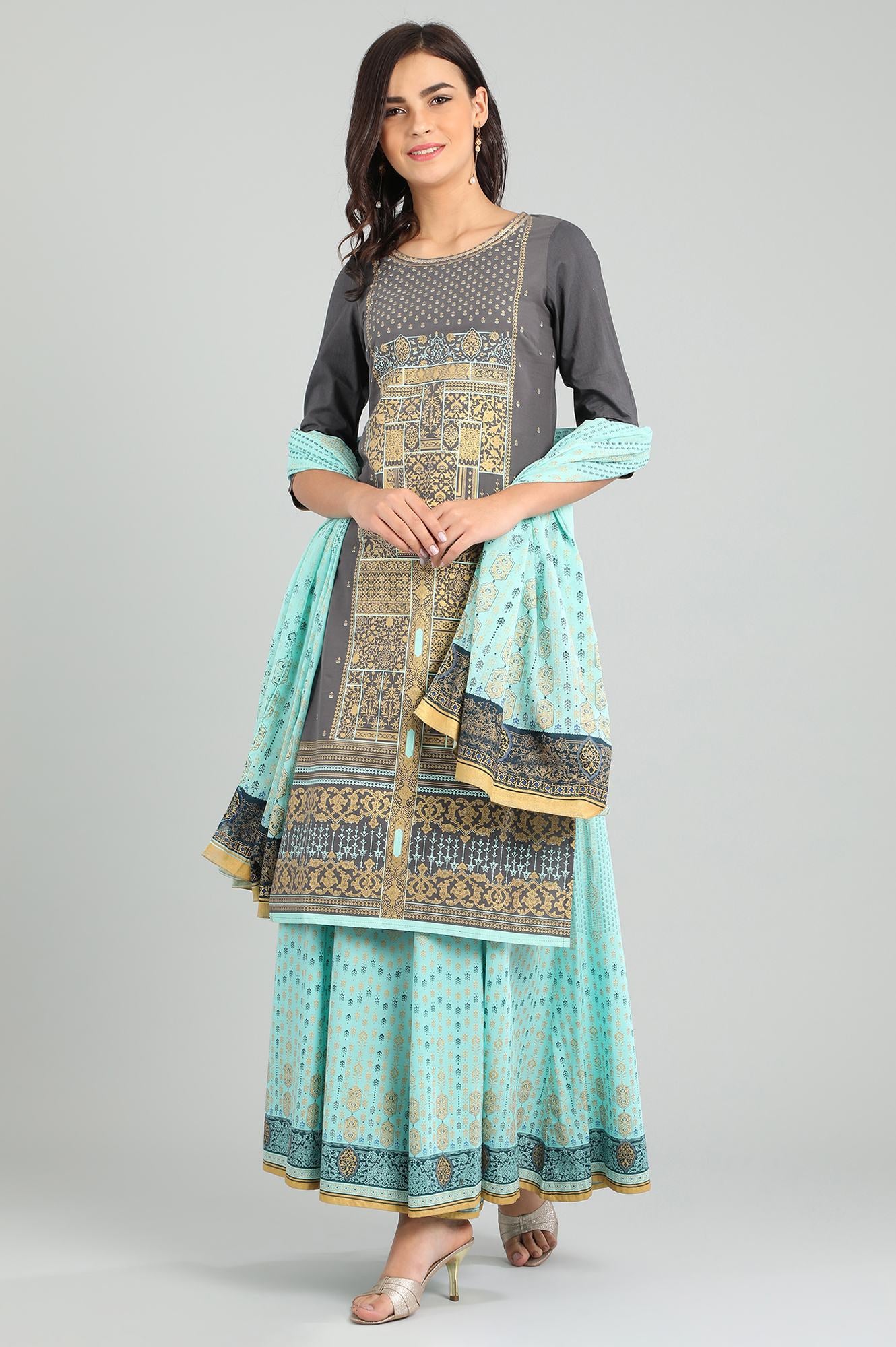 Grey Round Neck Printed kurta