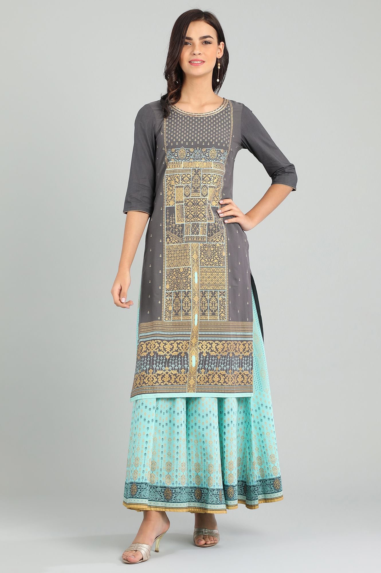 Grey Round Neck Printed kurta