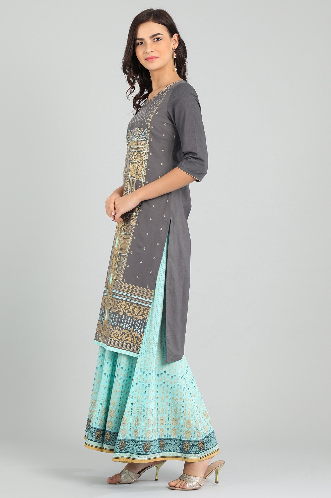 Grey Round Neck Printed kurta