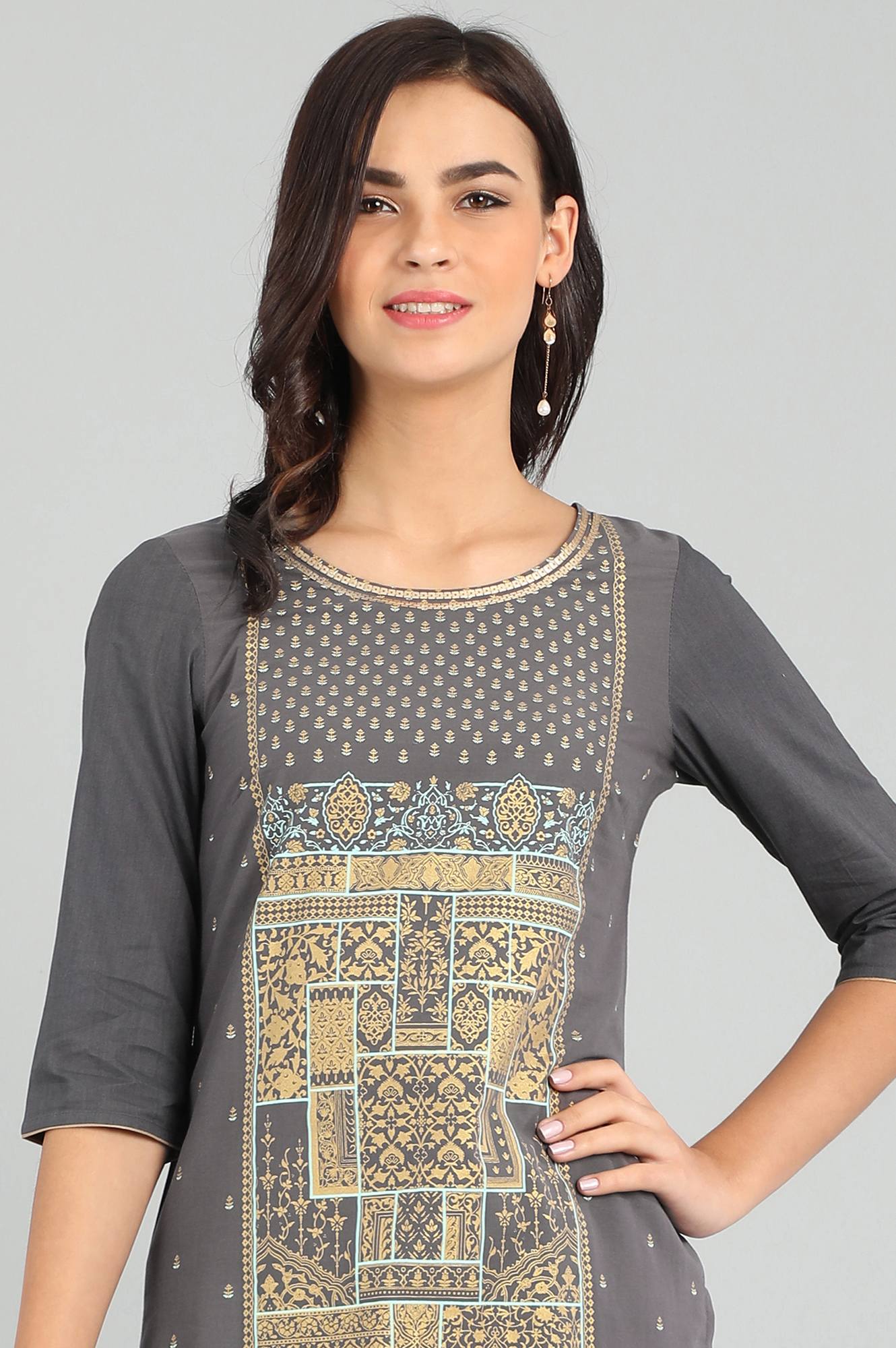 Grey Round Neck Printed kurta