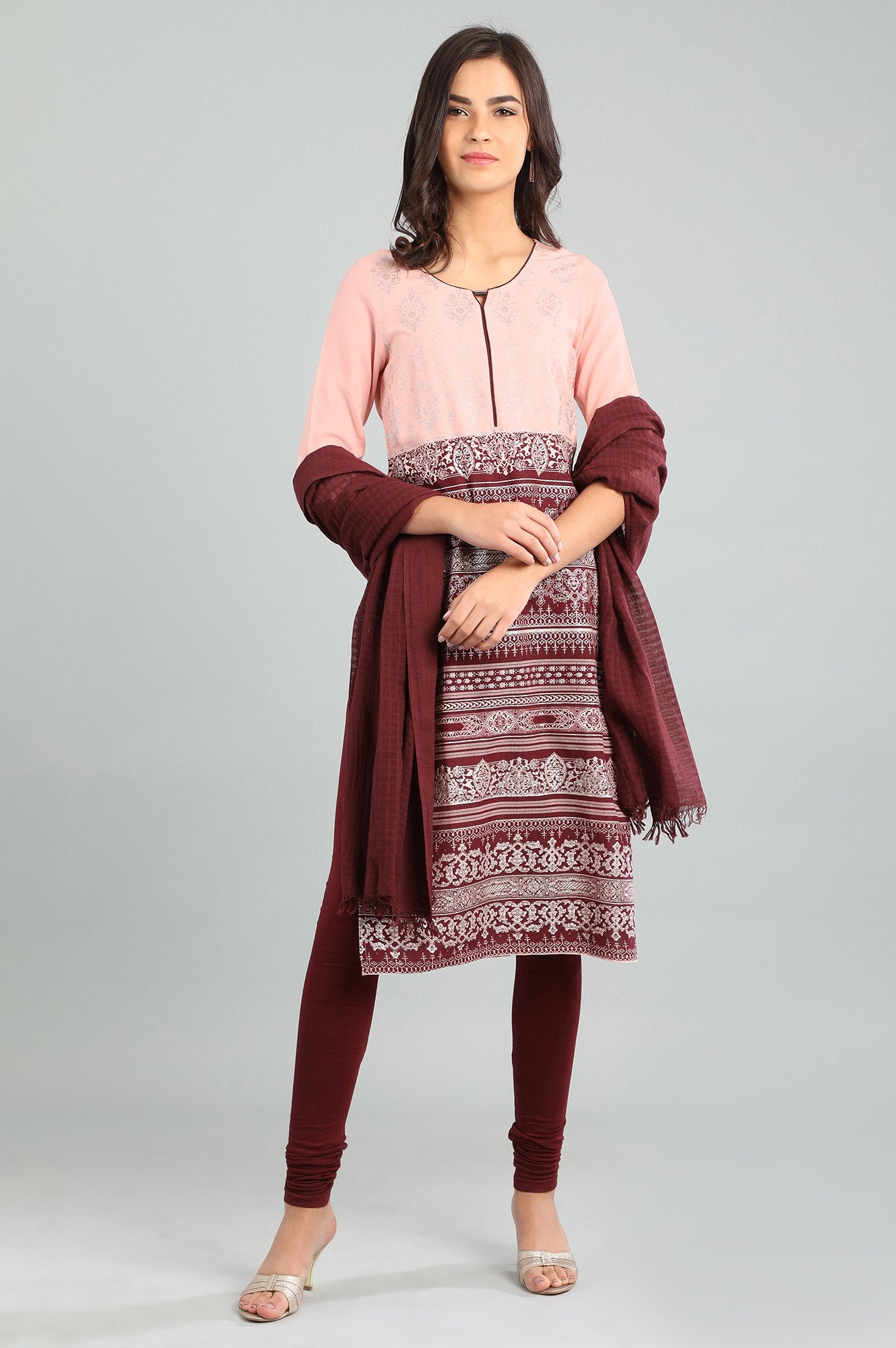 Peach Round Neck Printed kurta