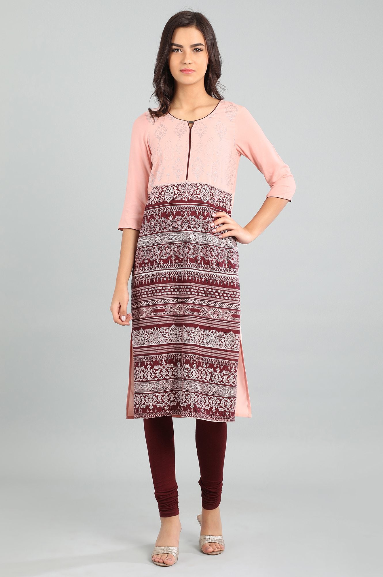 Peach Round Neck Printed kurta