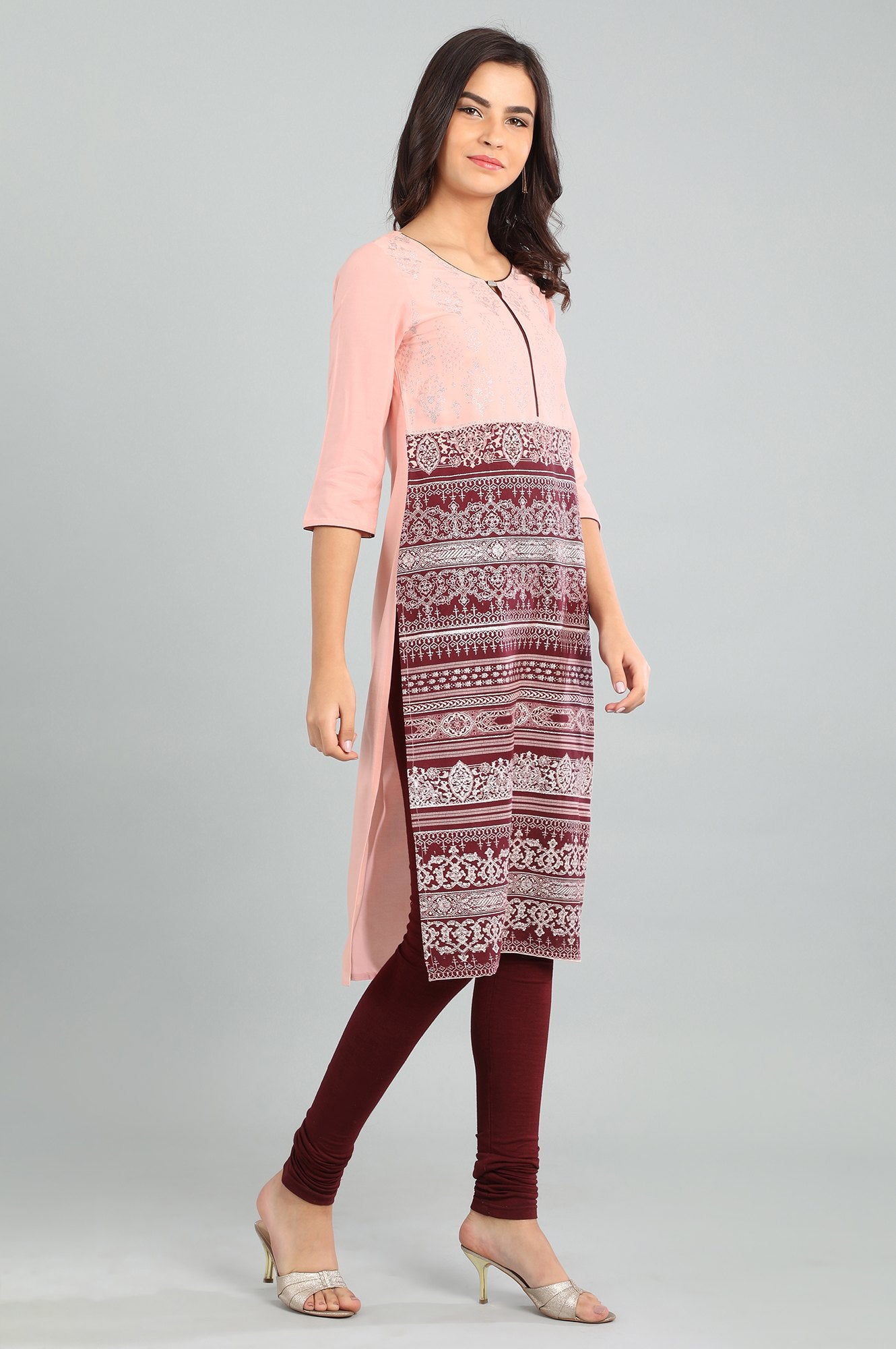 Peach Round Neck Printed kurta