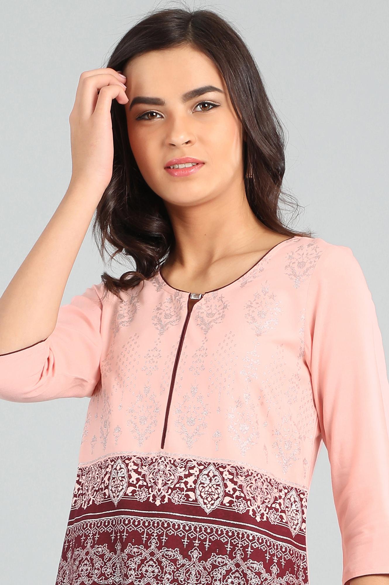 Peach Round Neck Printed kurta