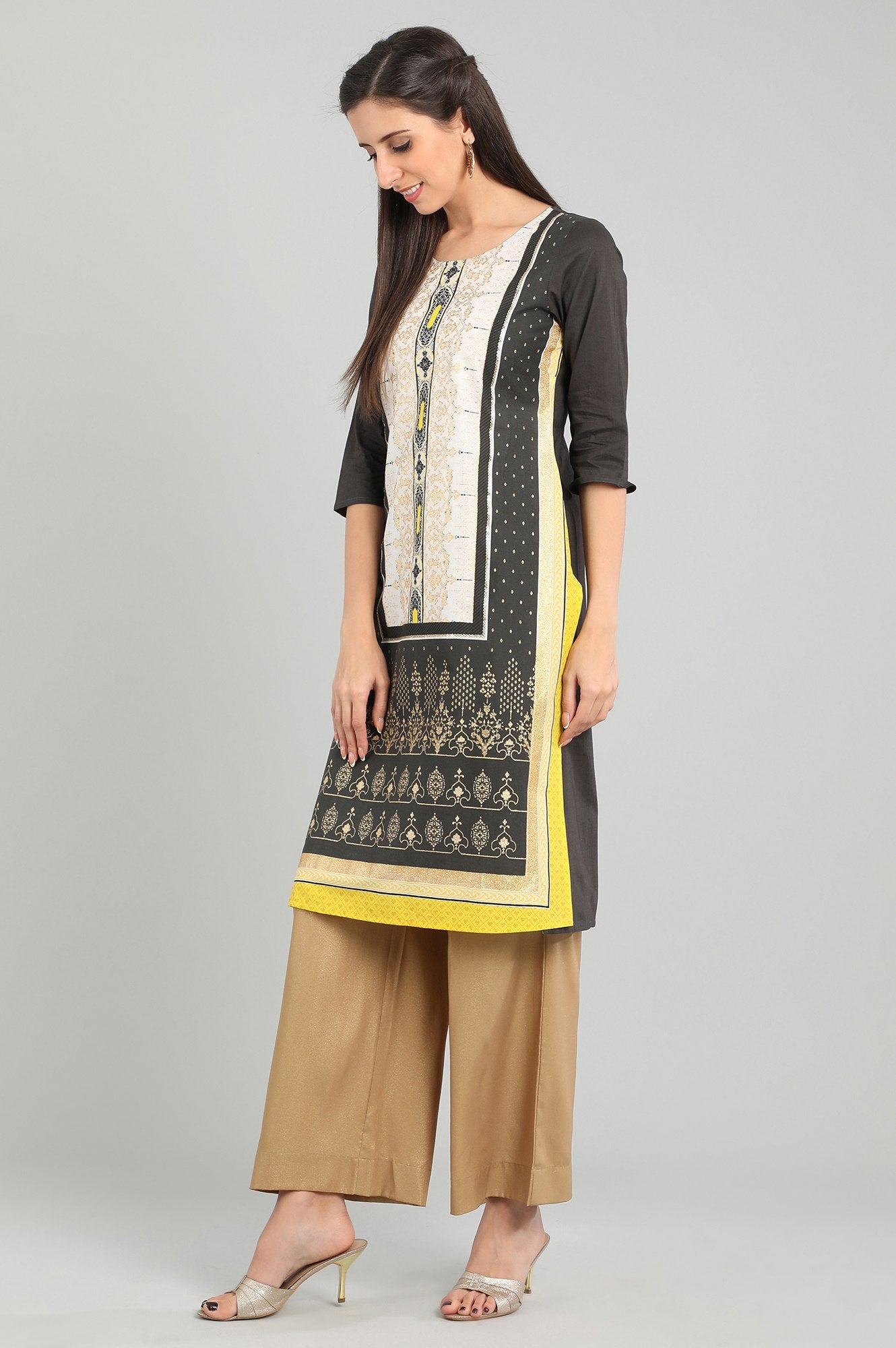 Grey Round Neck Printed kurta