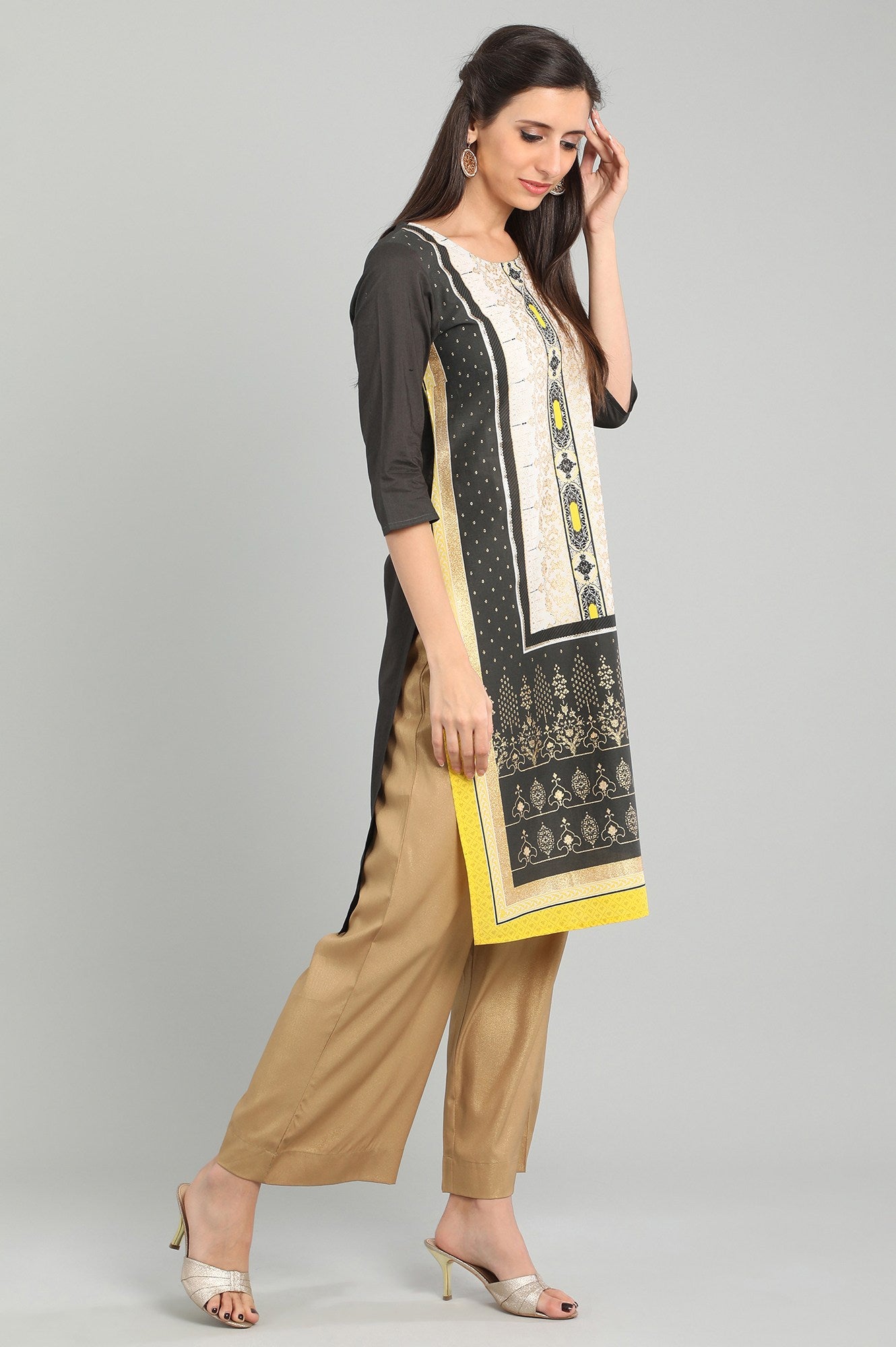 Grey Round Neck Printed kurta