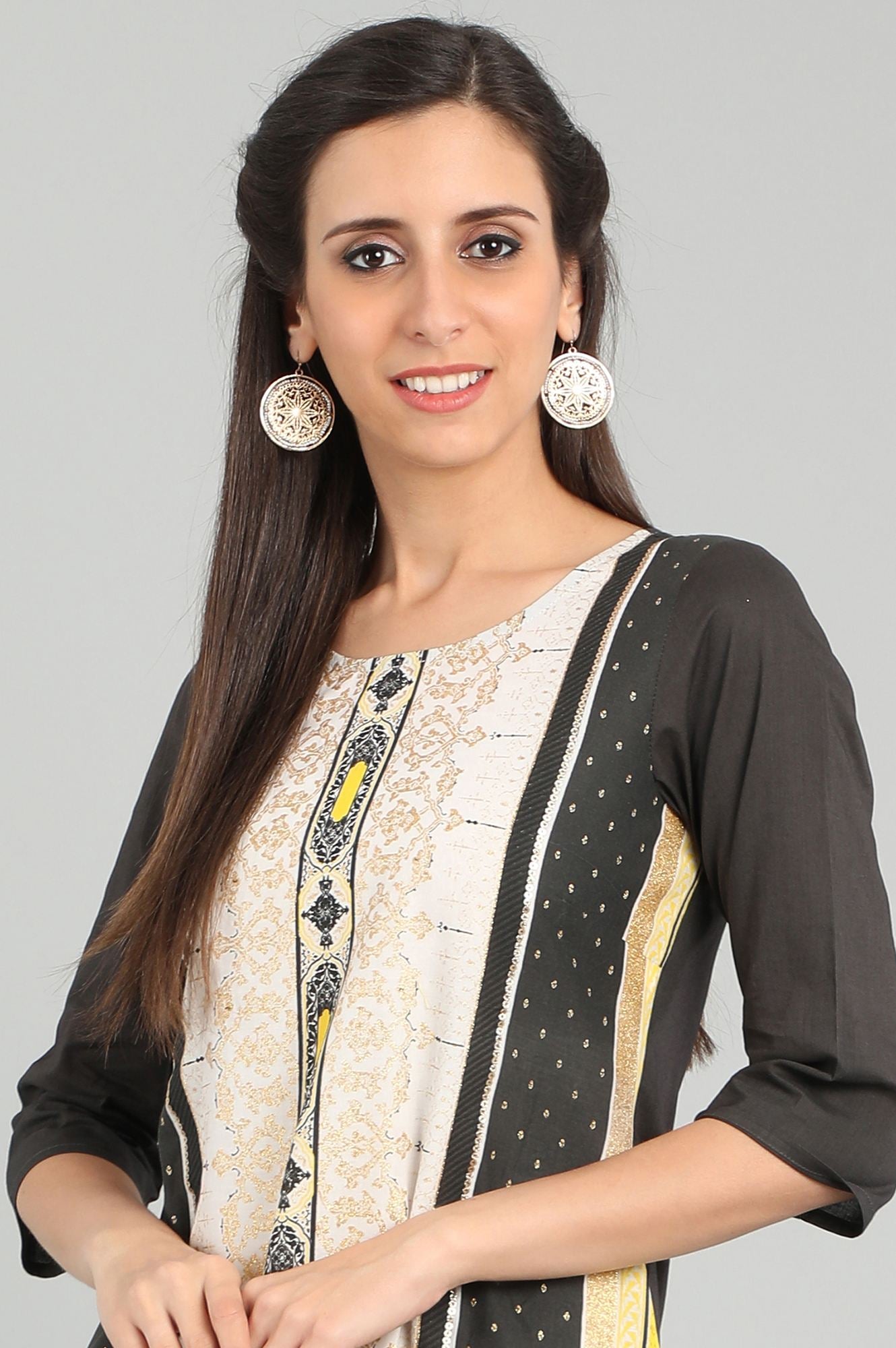 Grey Round Neck Printed kurta