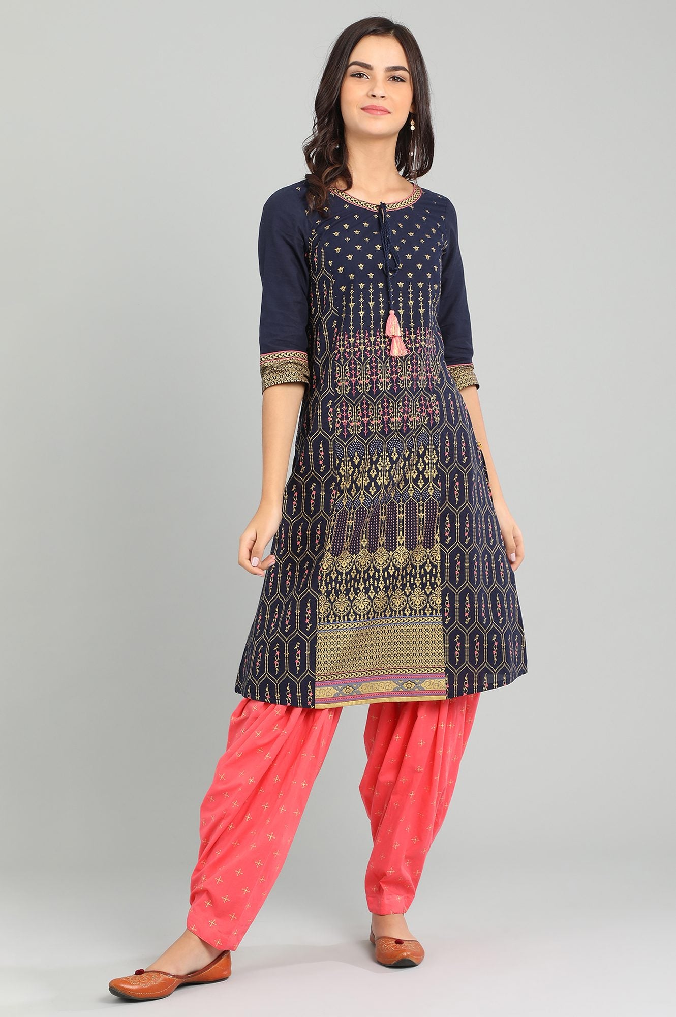 Blue Round Neck Printed kurta