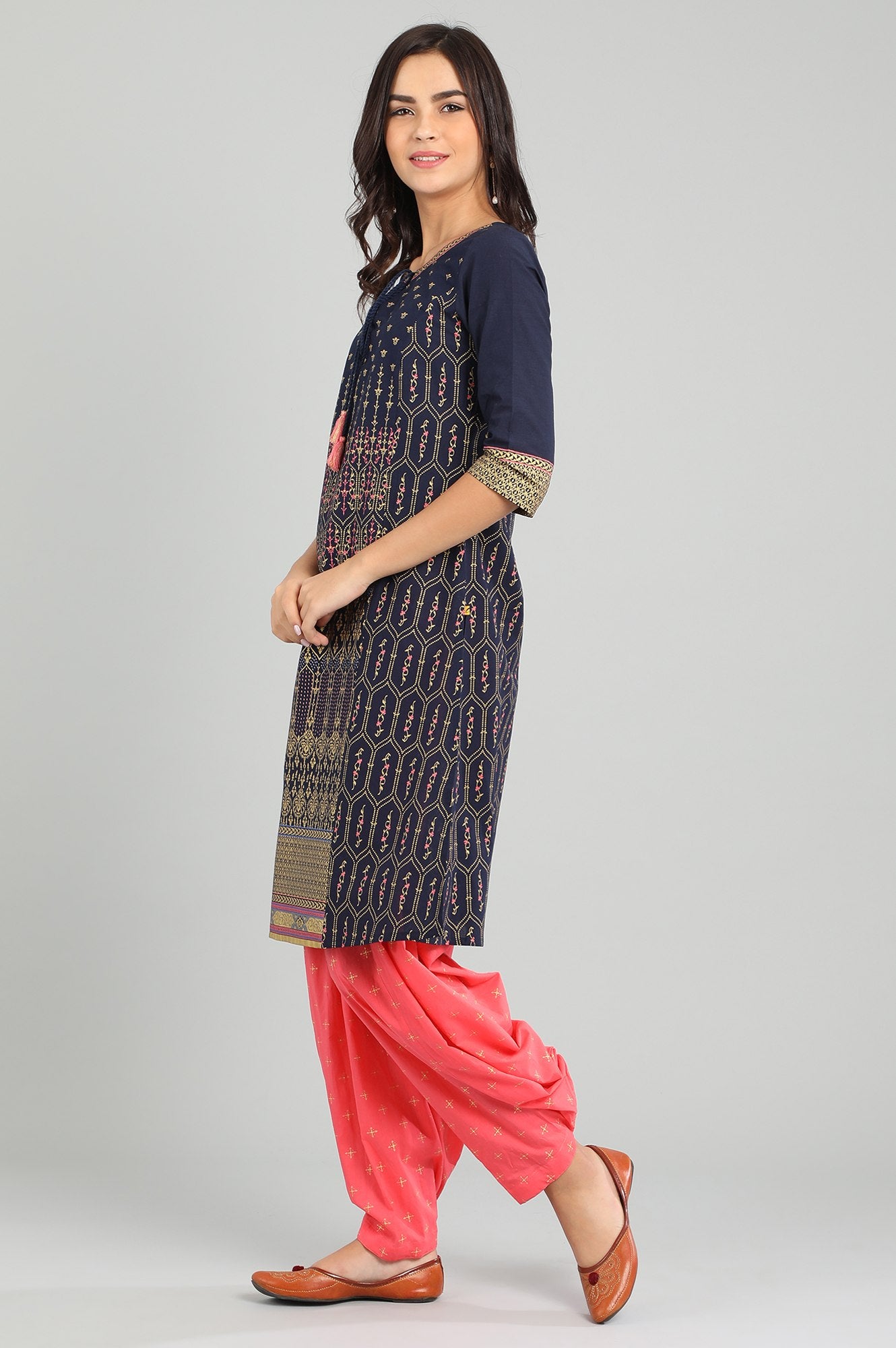 Blue Round Neck Printed kurta