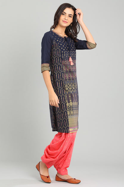 Blue Round Neck Printed kurta