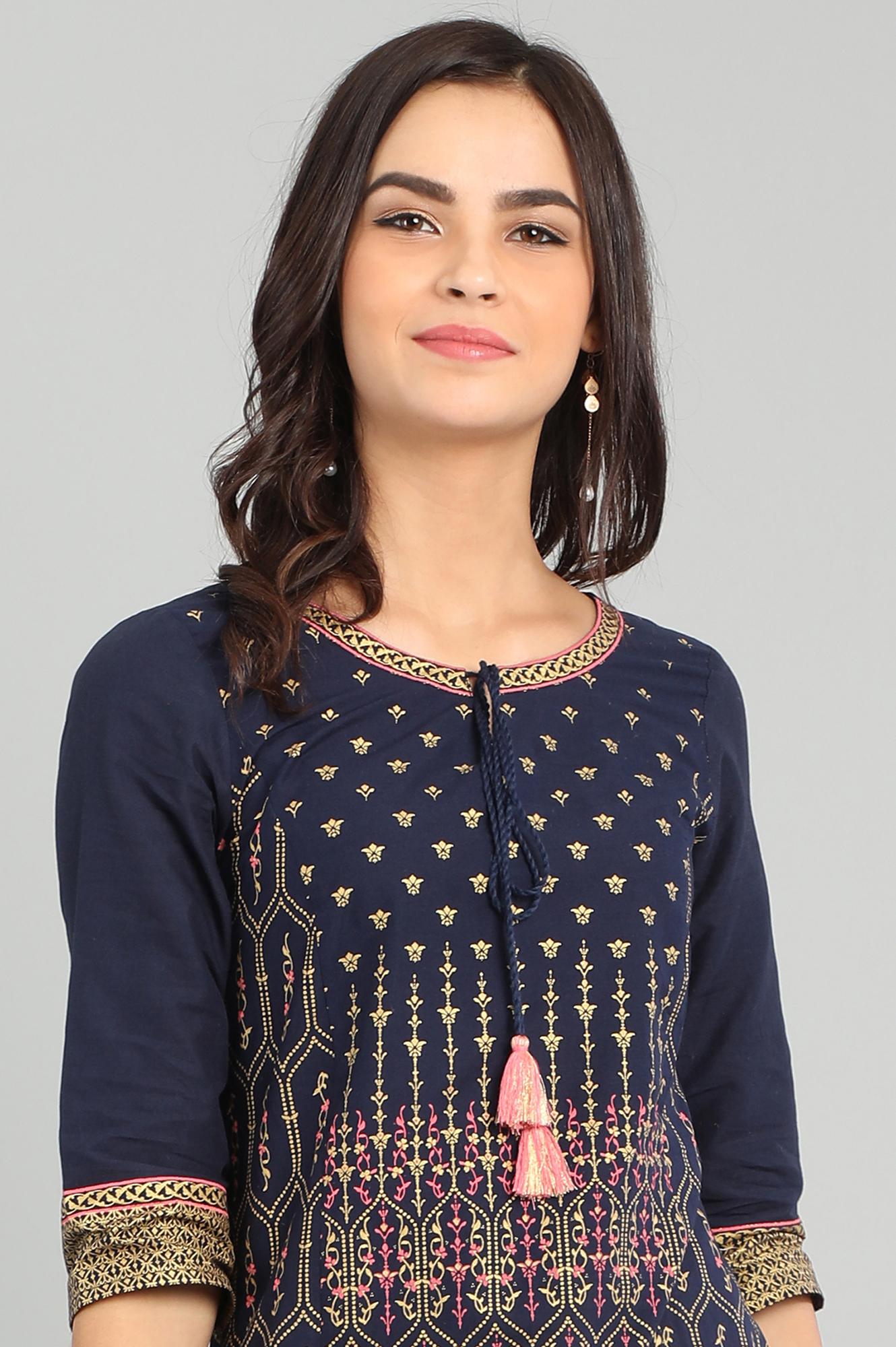 Blue Round Neck Printed kurta