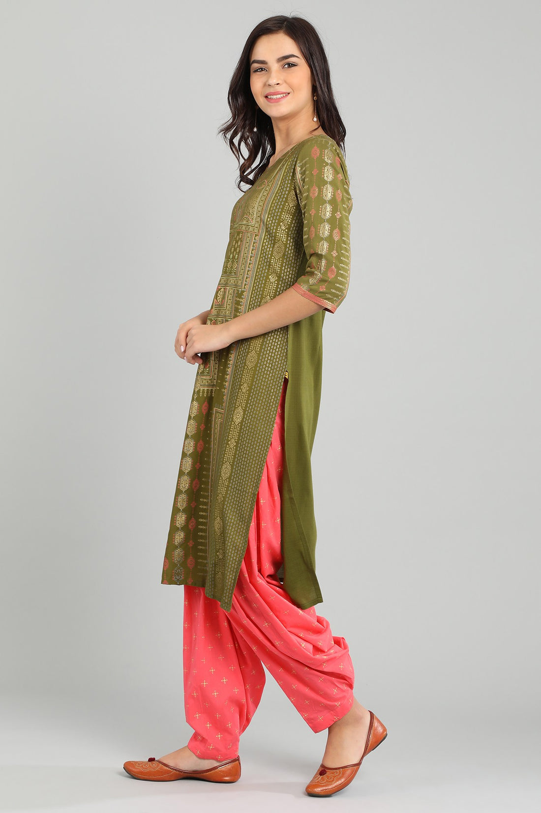 Green Round Neck Printed kurta