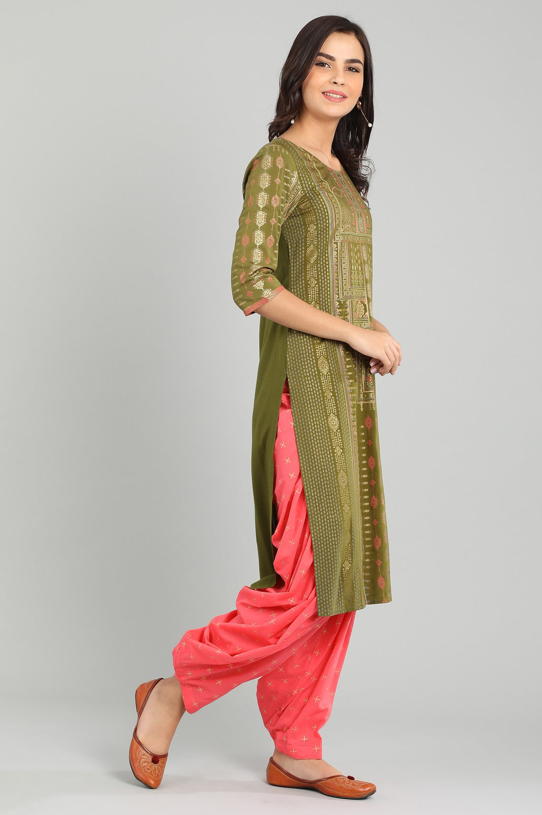 Green Round Neck Printed kurta