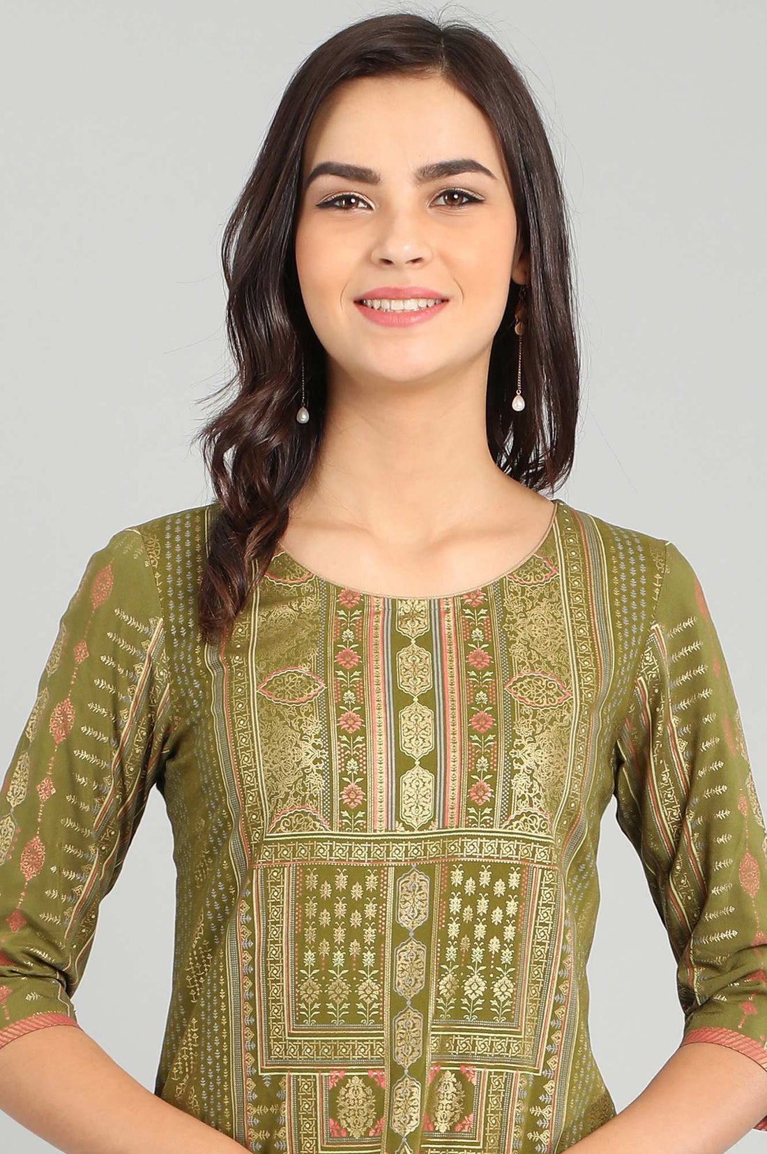 Green Round Neck Printed kurta