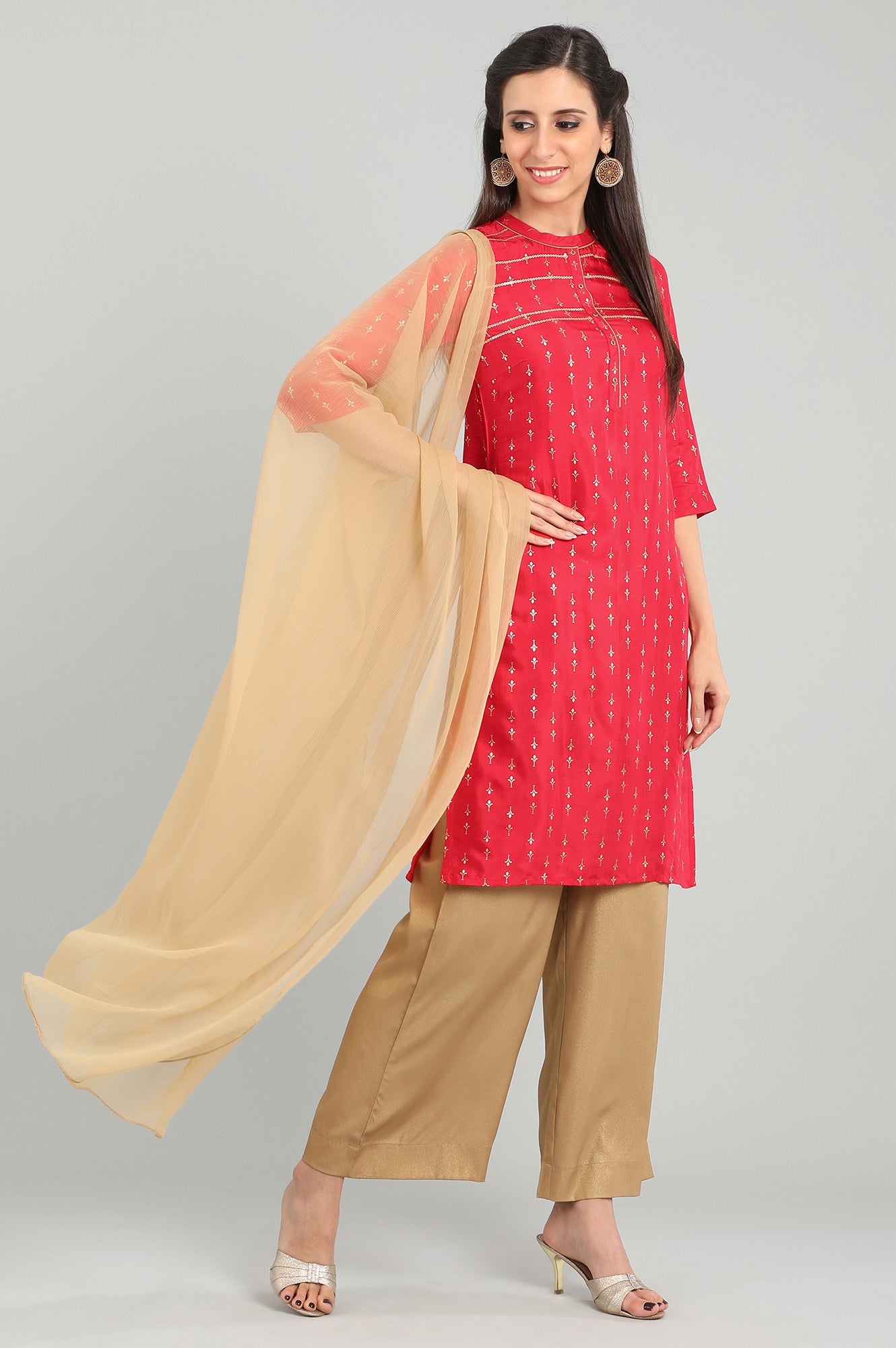 Red Band Collar Printed kurta