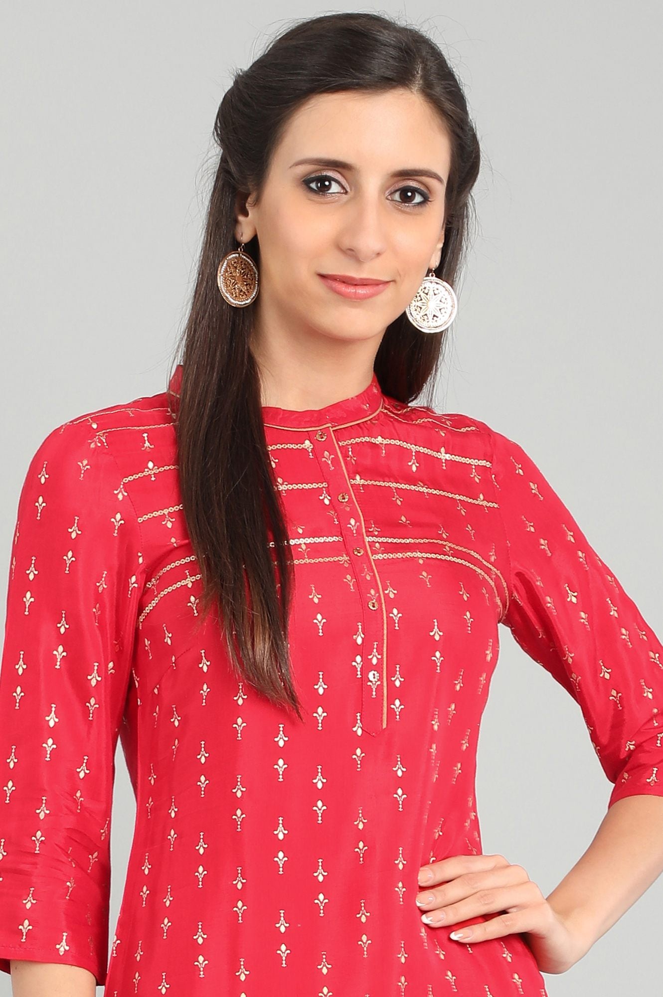 Red Band Collar Printed kurta