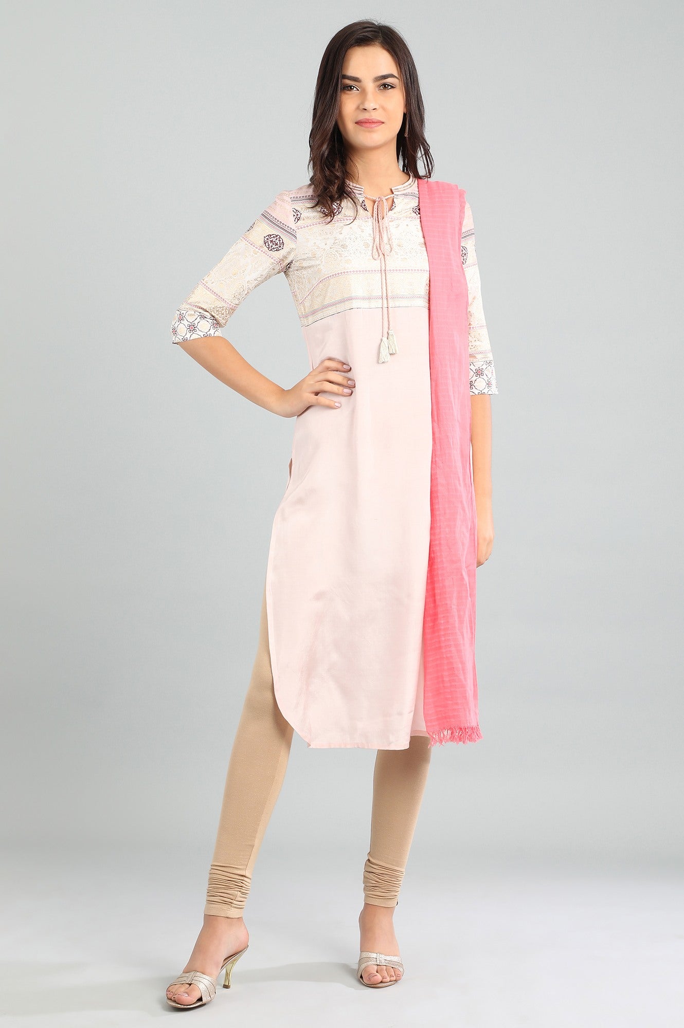 Pink Band Collar Printed kurta