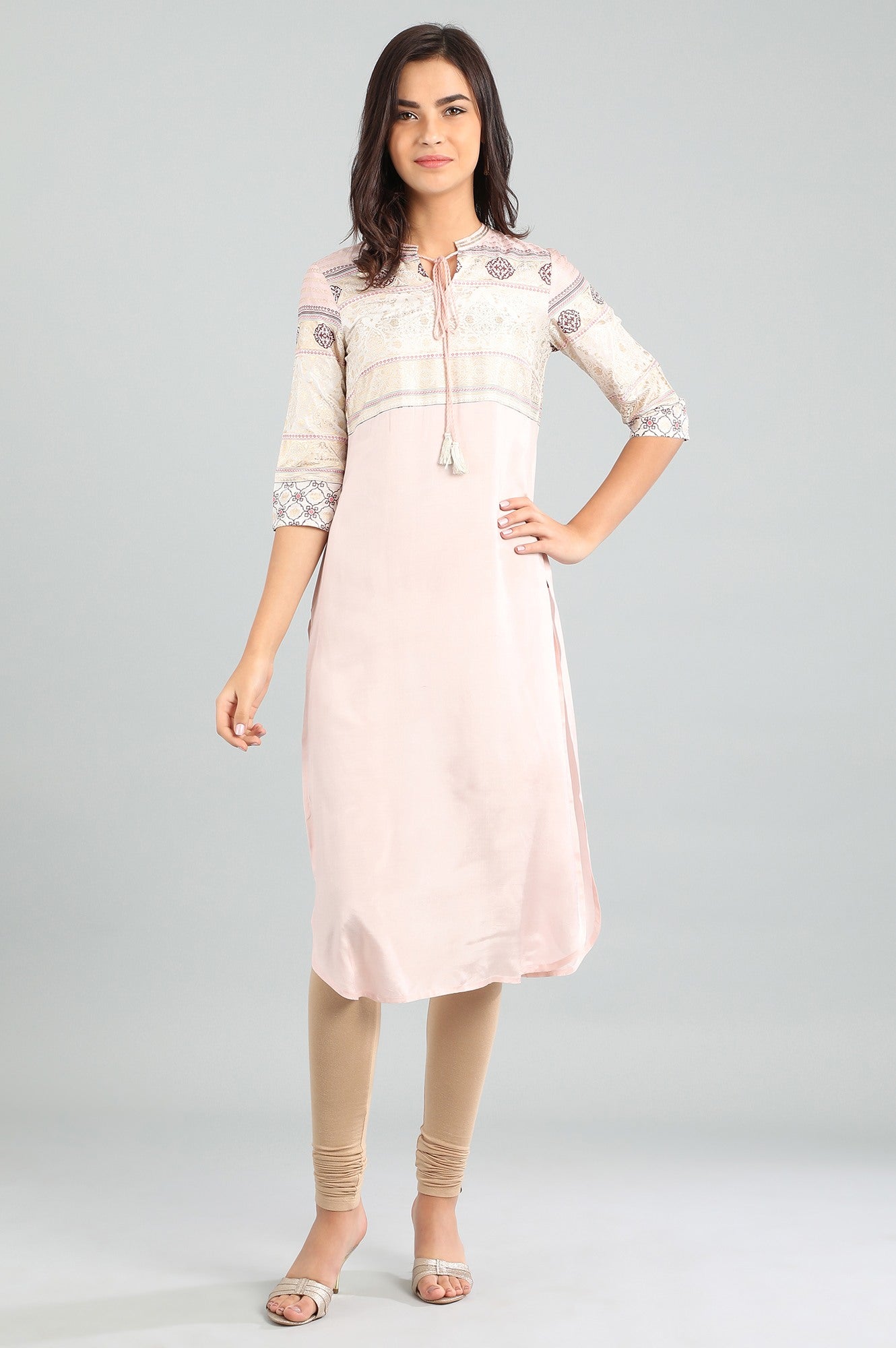 Pink Band Collar Printed kurta