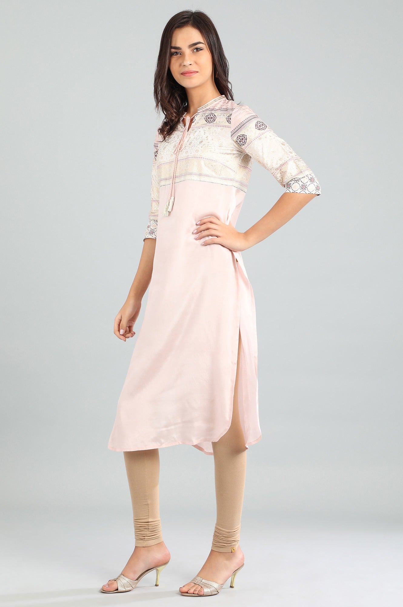 Pink Band Collar Printed kurta