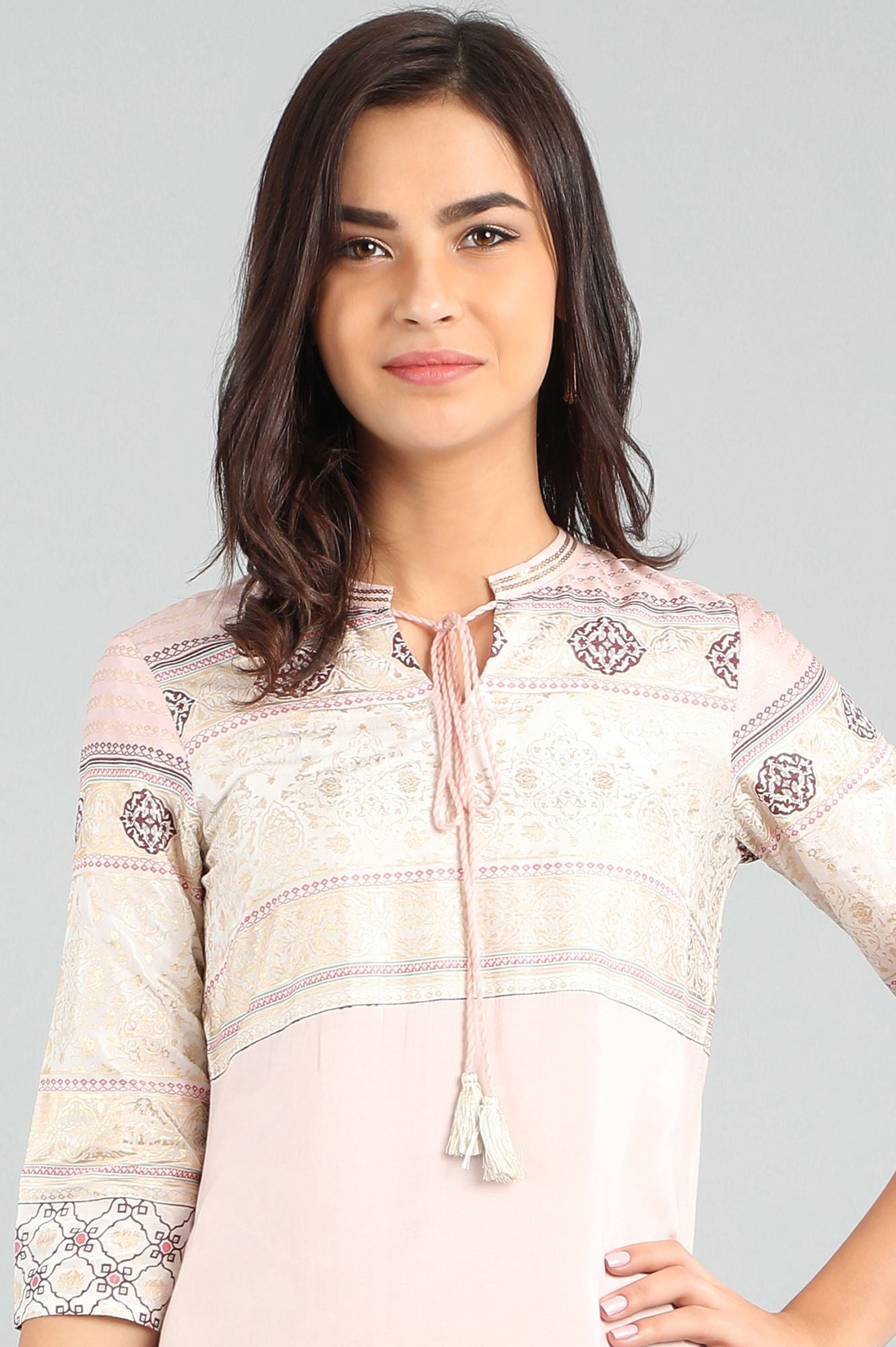 Pink Band Collar Printed kurta