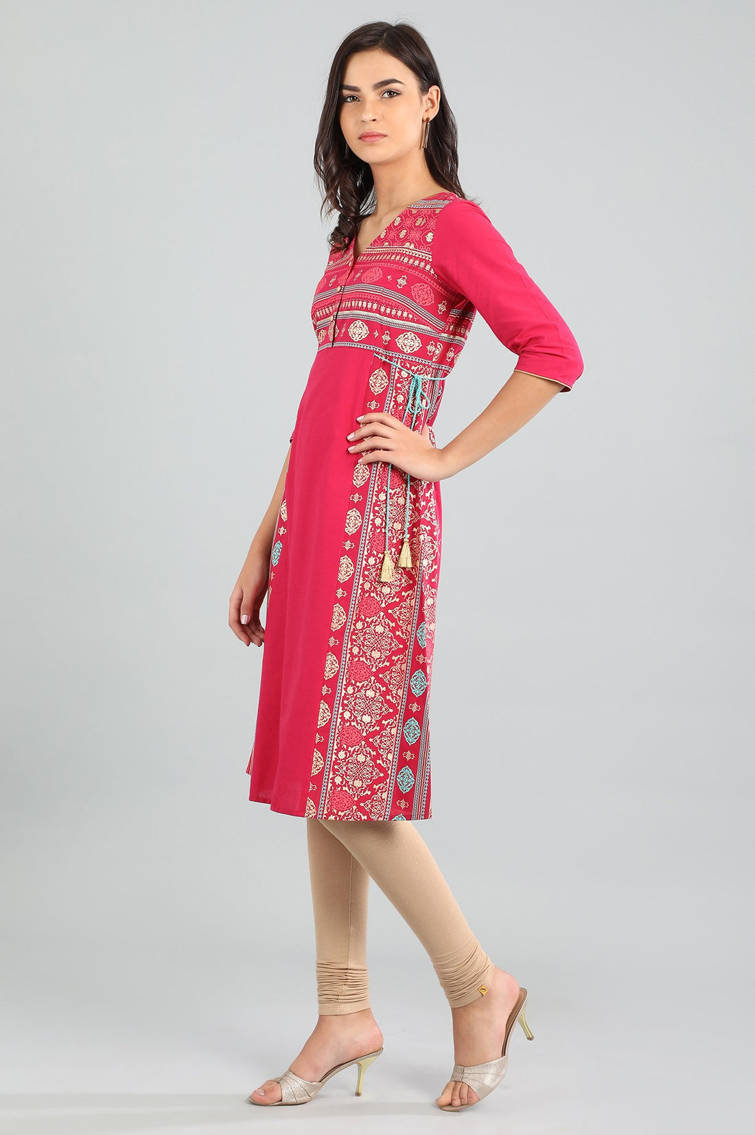 Pink V Neck Printed kurta