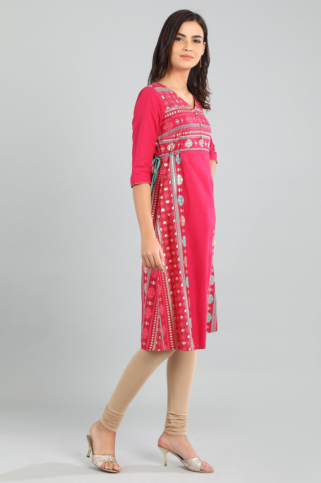 Pink V Neck Printed kurta