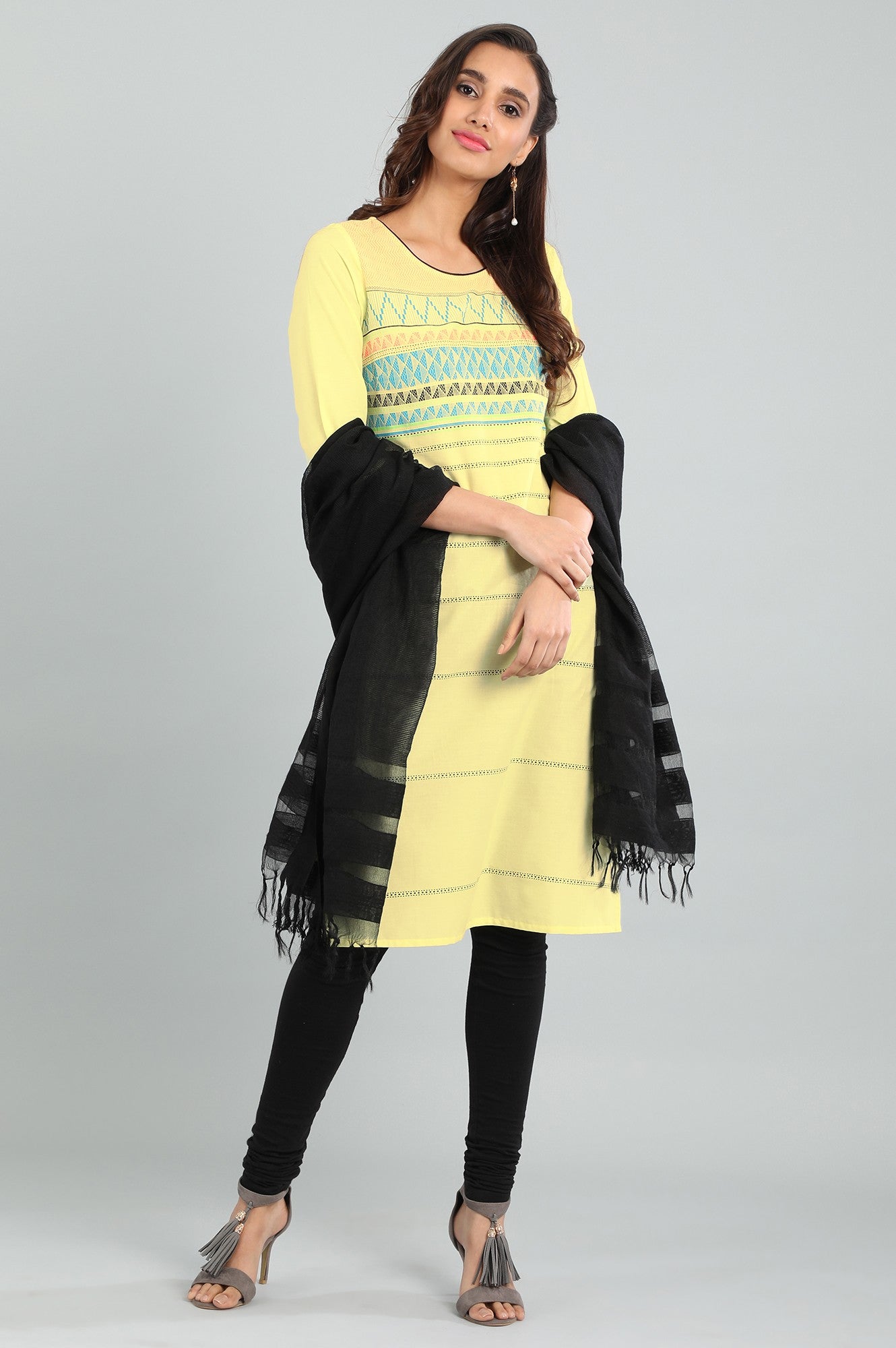 Yellow Round Neck Printed kurta