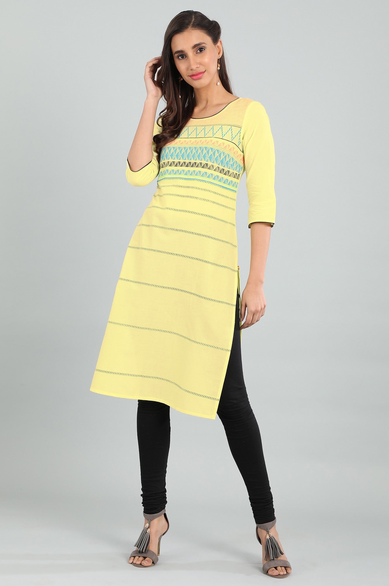 Yellow Round Neck Printed kurta