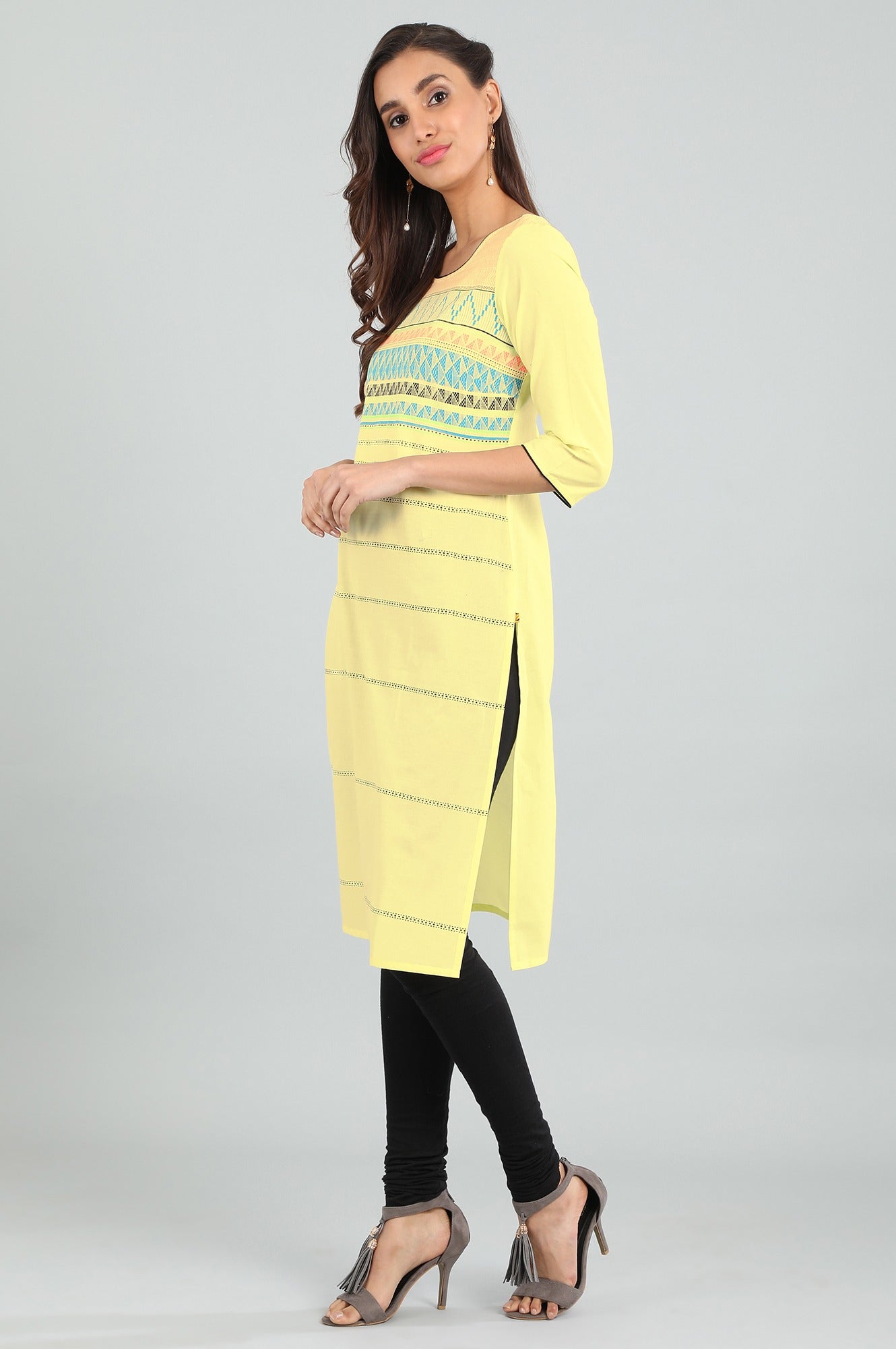 Yellow Round Neck Printed kurta