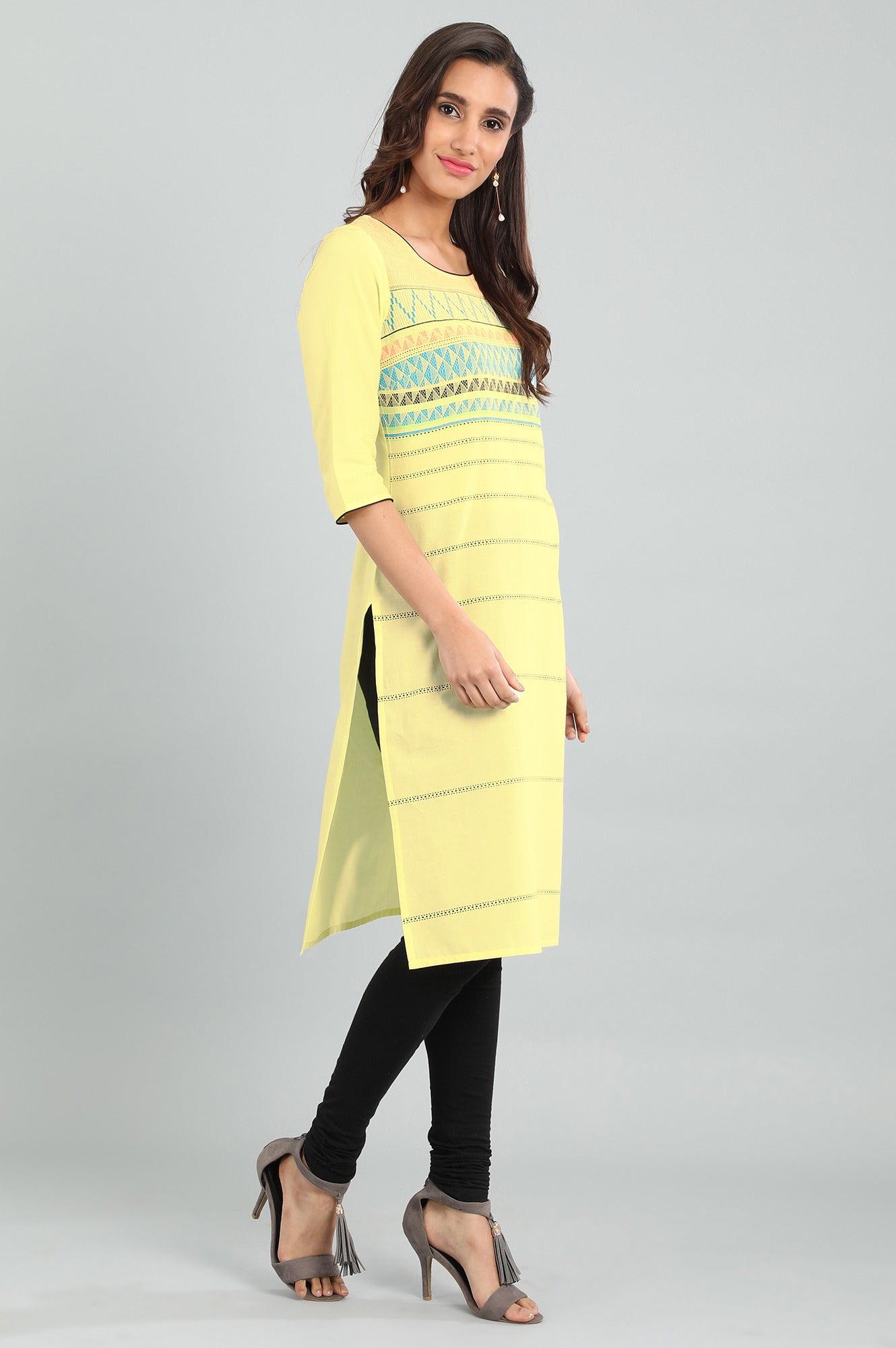 Yellow Round Neck Printed kurta