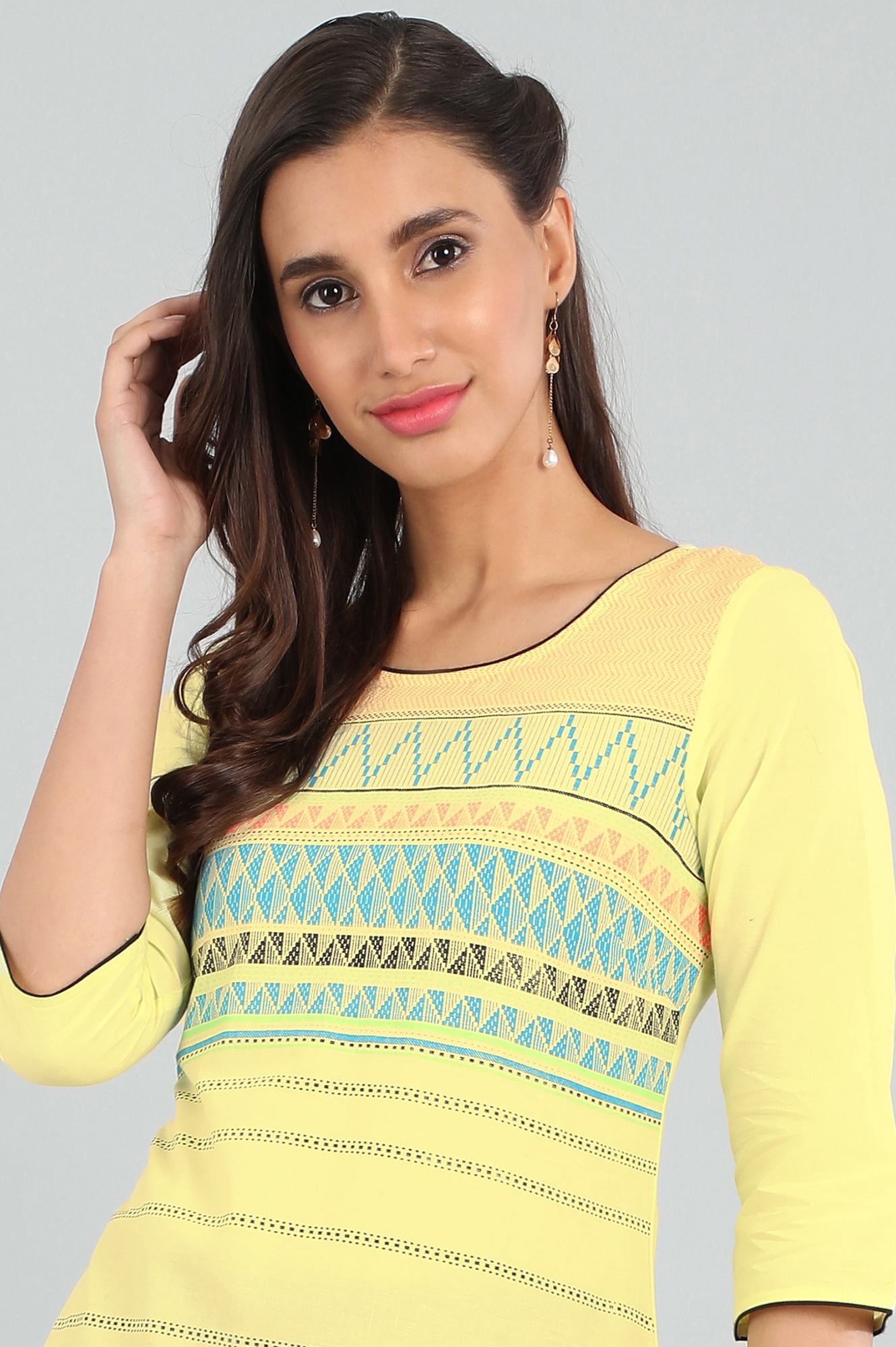 Yellow Round Neck Printed kurta