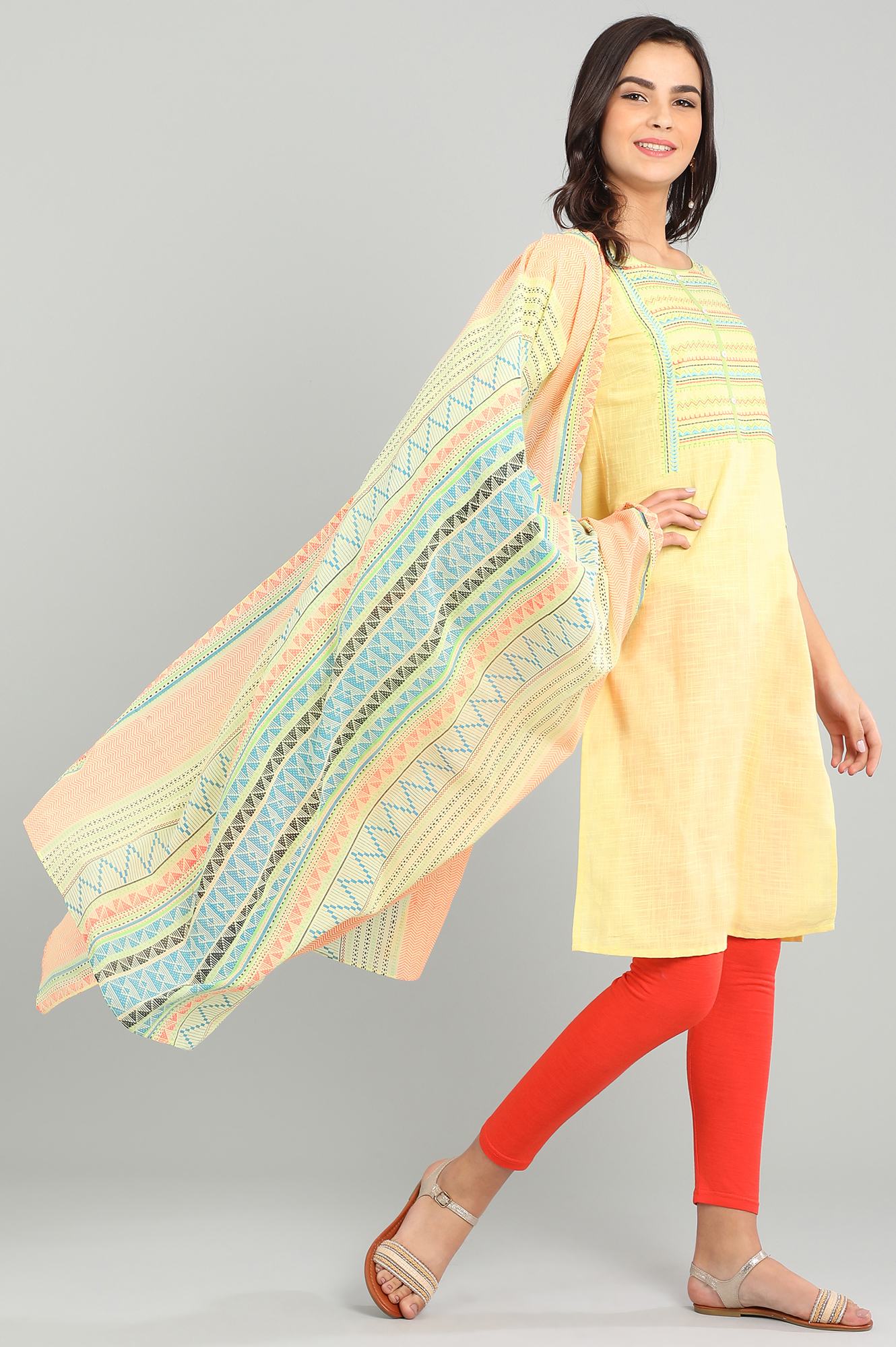 Yellow Round Neck Printed kurta