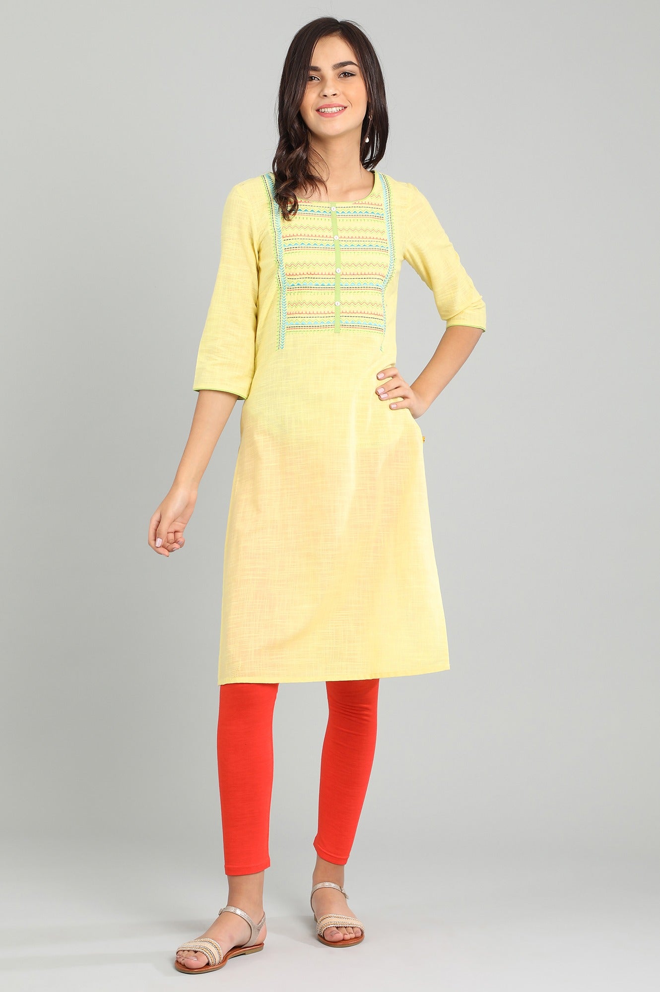 Yellow Round Neck Printed kurta