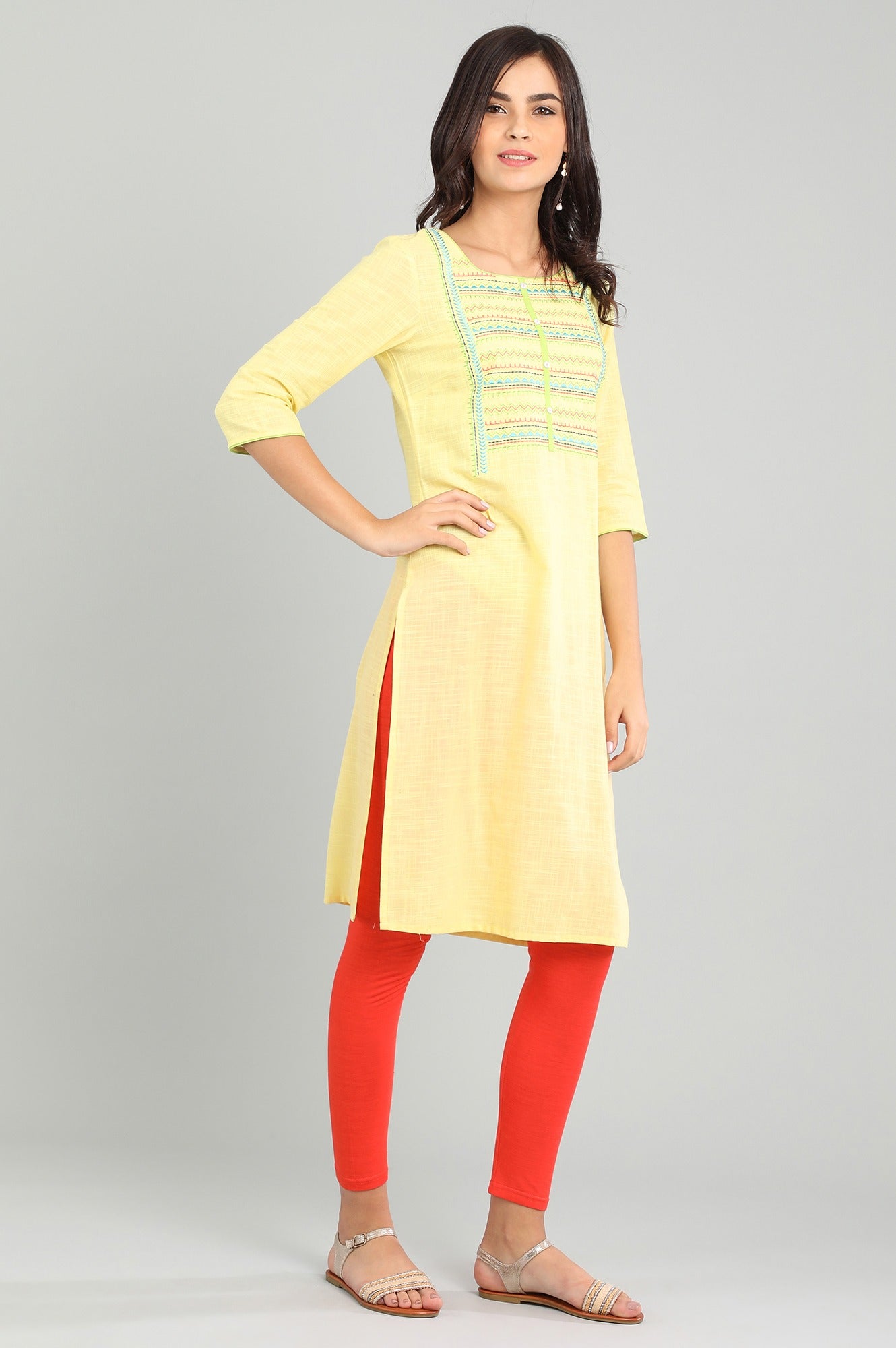 Yellow Round Neck Printed kurta