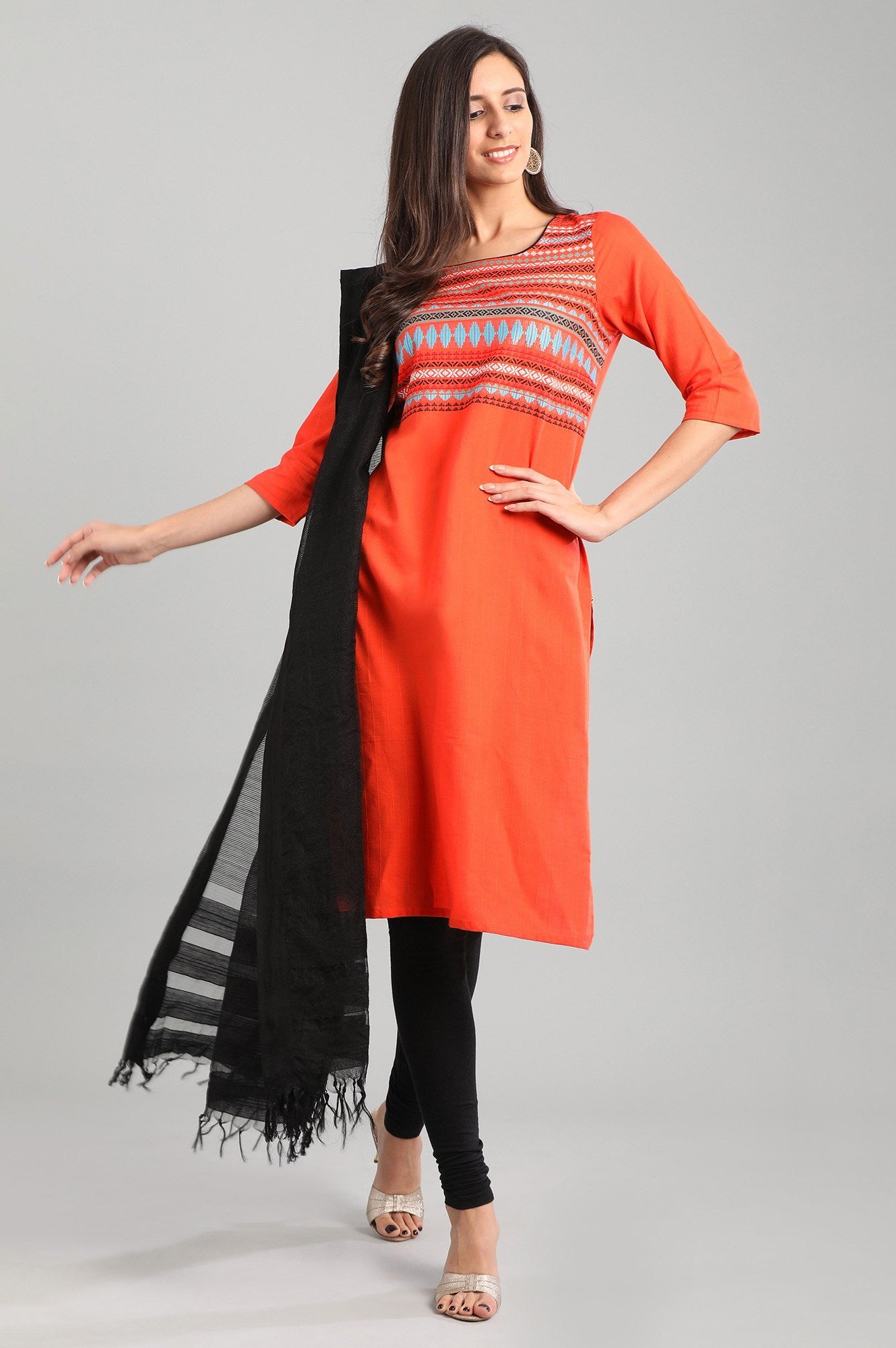 Orange Round Neck Yarn-dyed kurta