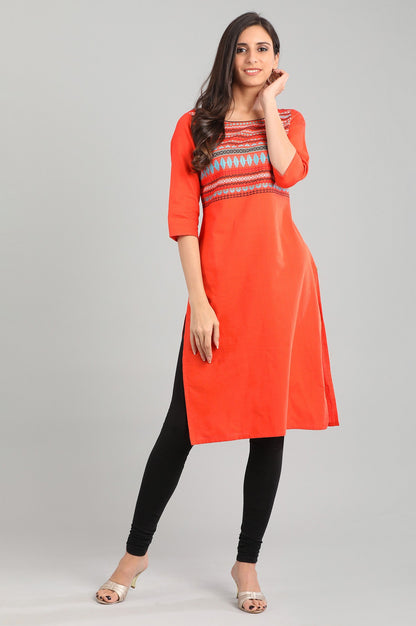 Orange Round Neck Yarn-dyed kurta