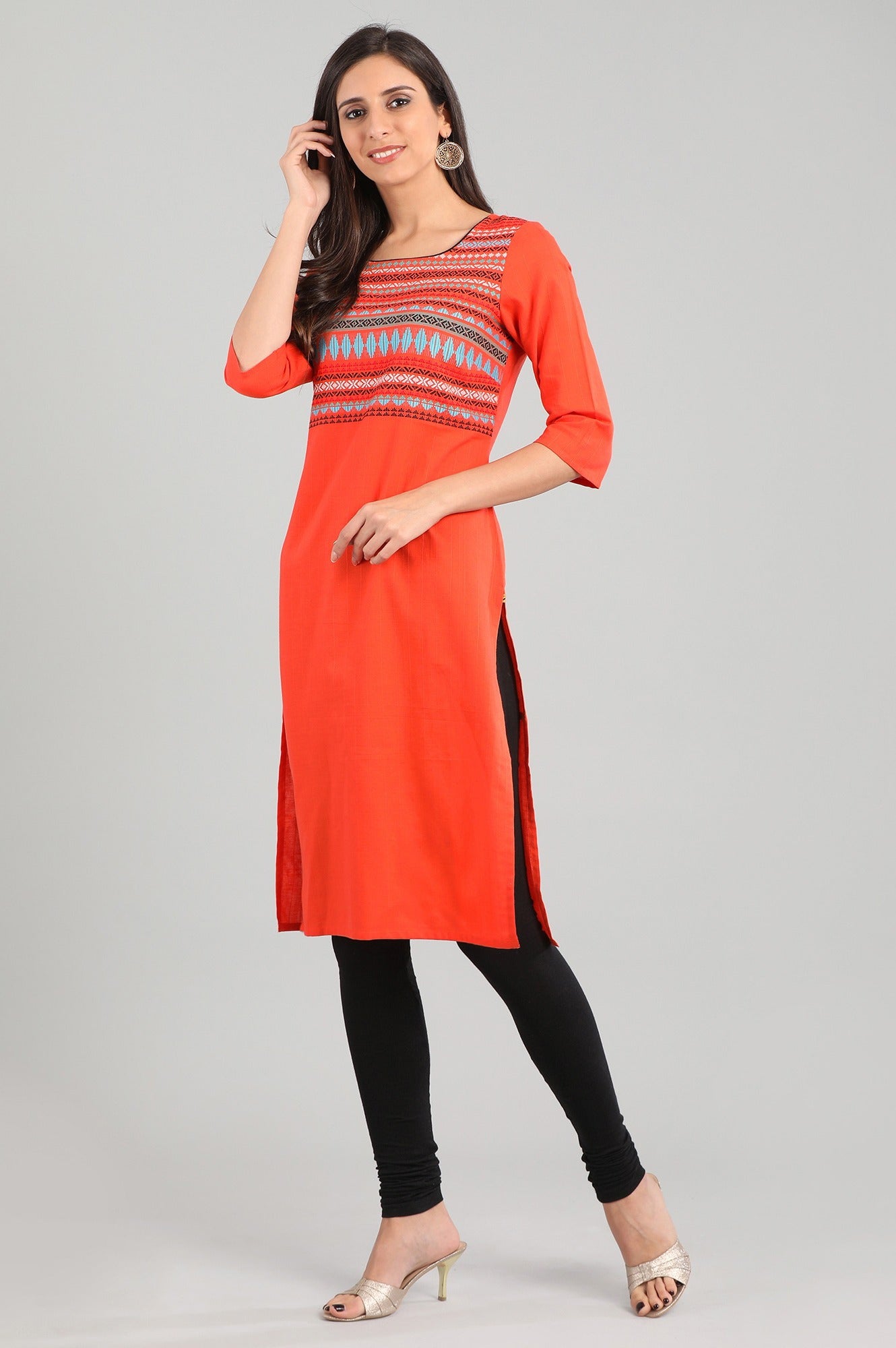 Orange Round Neck Yarn-dyed kurta