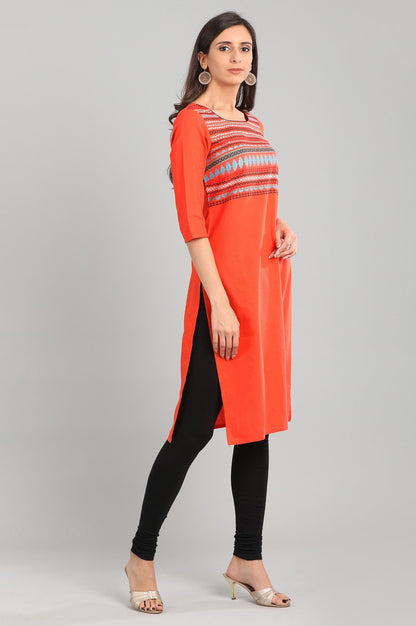 Orange Round Neck Yarn-dyed kurta