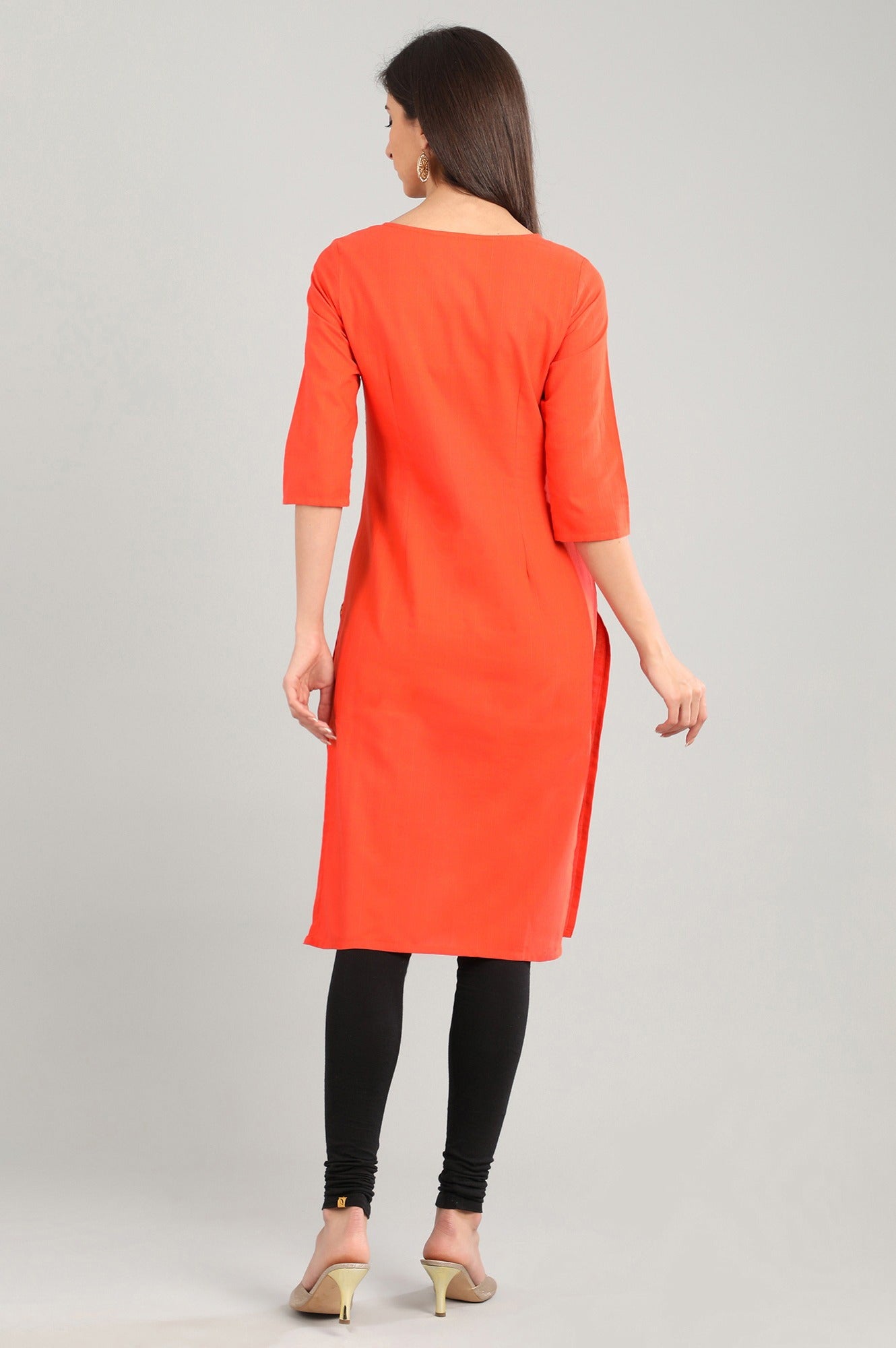 Orange Round Neck Yarn-dyed kurta