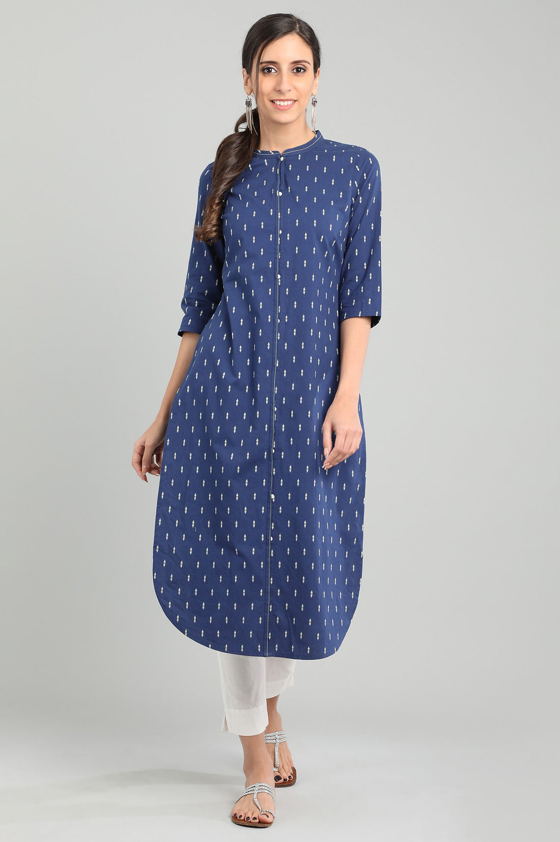 Blue Band Collar Printed kurta
