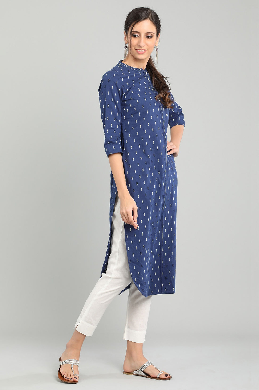 Blue Band Collar Printed kurta
