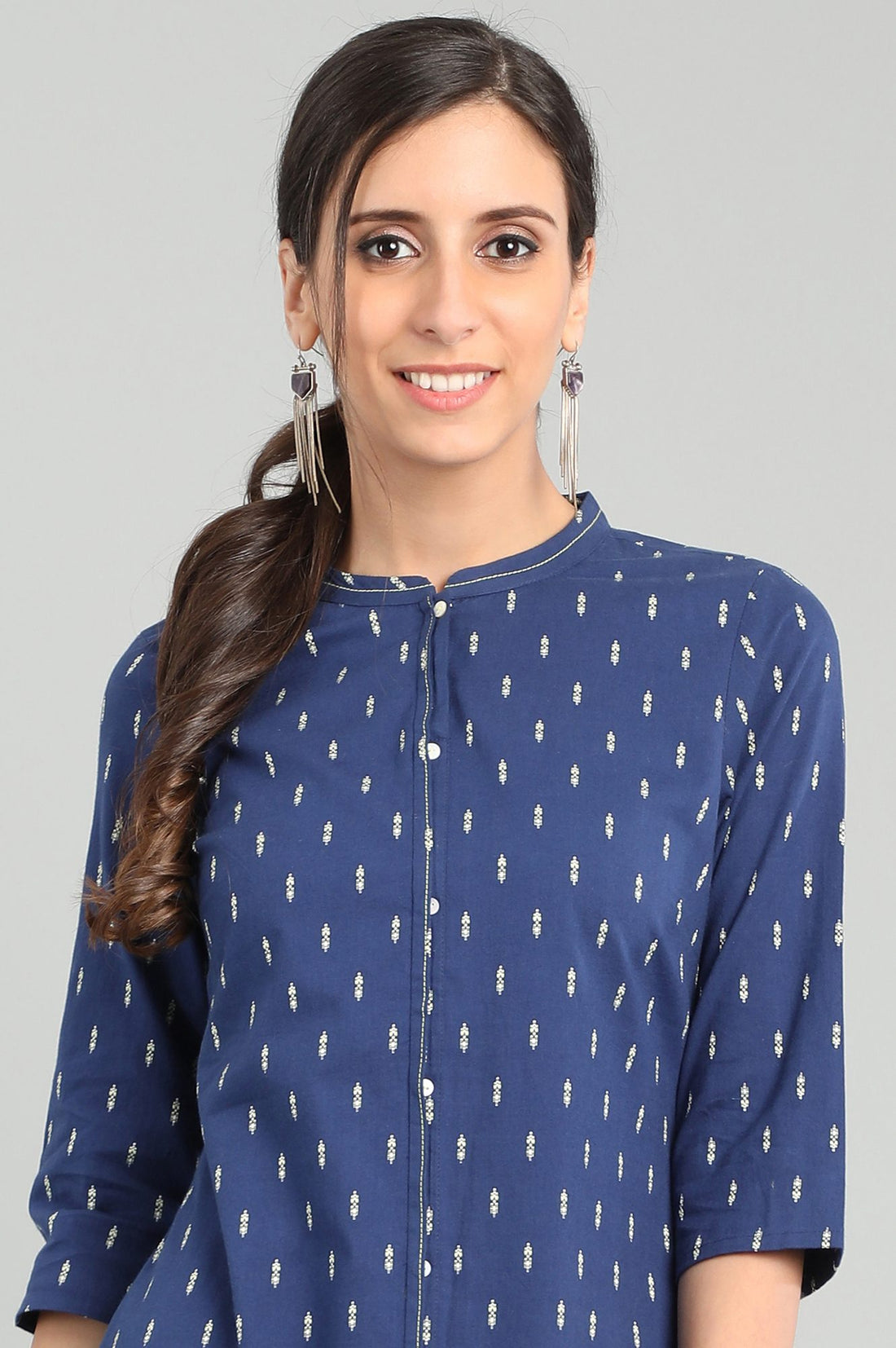 Blue Band Collar Printed kurta