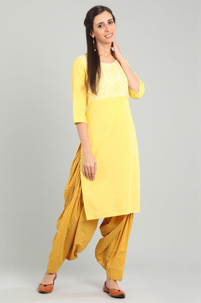 Yellow Round Neck Yarn-dyed kurta